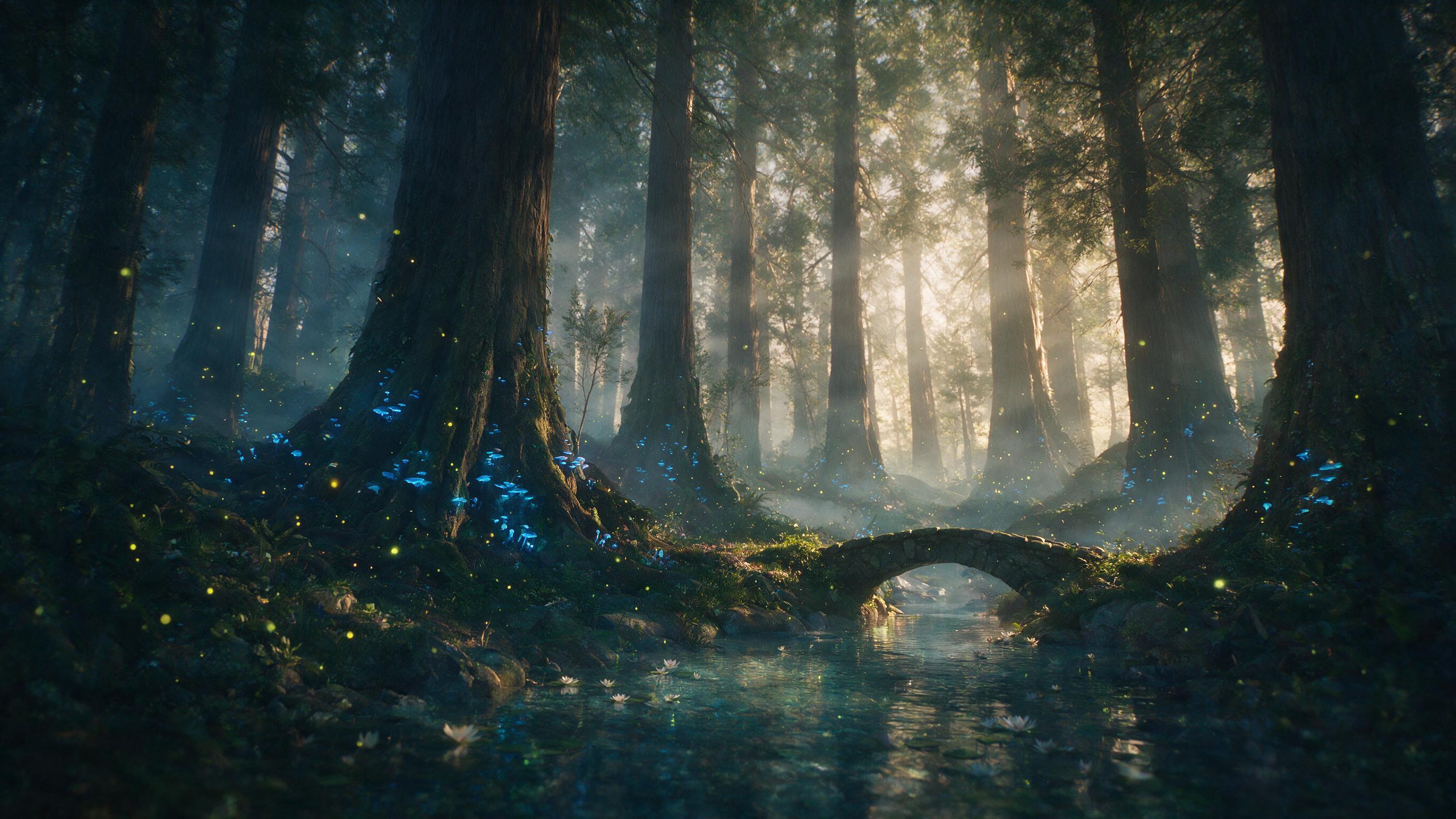 A mystical forest at twilight, towering ancient trees with glowing blue fungi at their roots, a gentle mist weaving between the trunks, soft golden light filtering through the canopy, fireflies dancing in the air, a small stone bridge over a crystal stream, water lilies, ethereal atmosphere, shallow