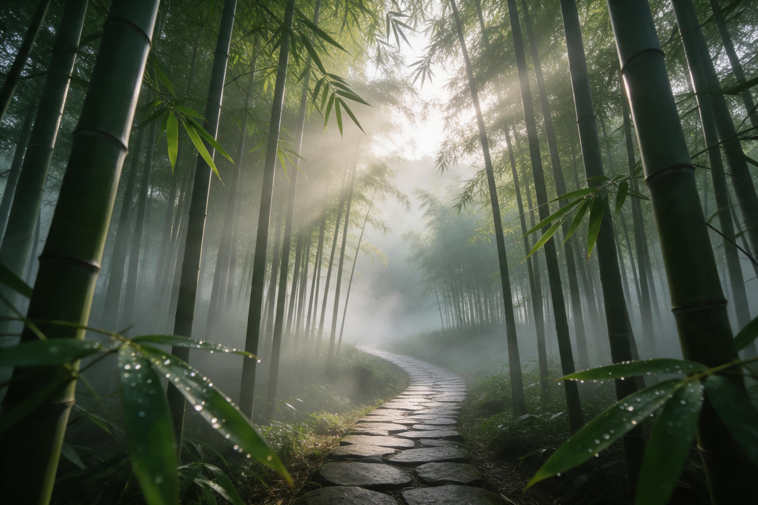 A misty bamboo forest at dawn, thin fog weaving between tall green stalks, soft golden light rays piercing through the canopy, a narrow stone path curving into the distance, dew droplets on leaves glistening, serene and quiet atmosphere, low angle shot emphasizing towering bamboo, subtle depth of fi