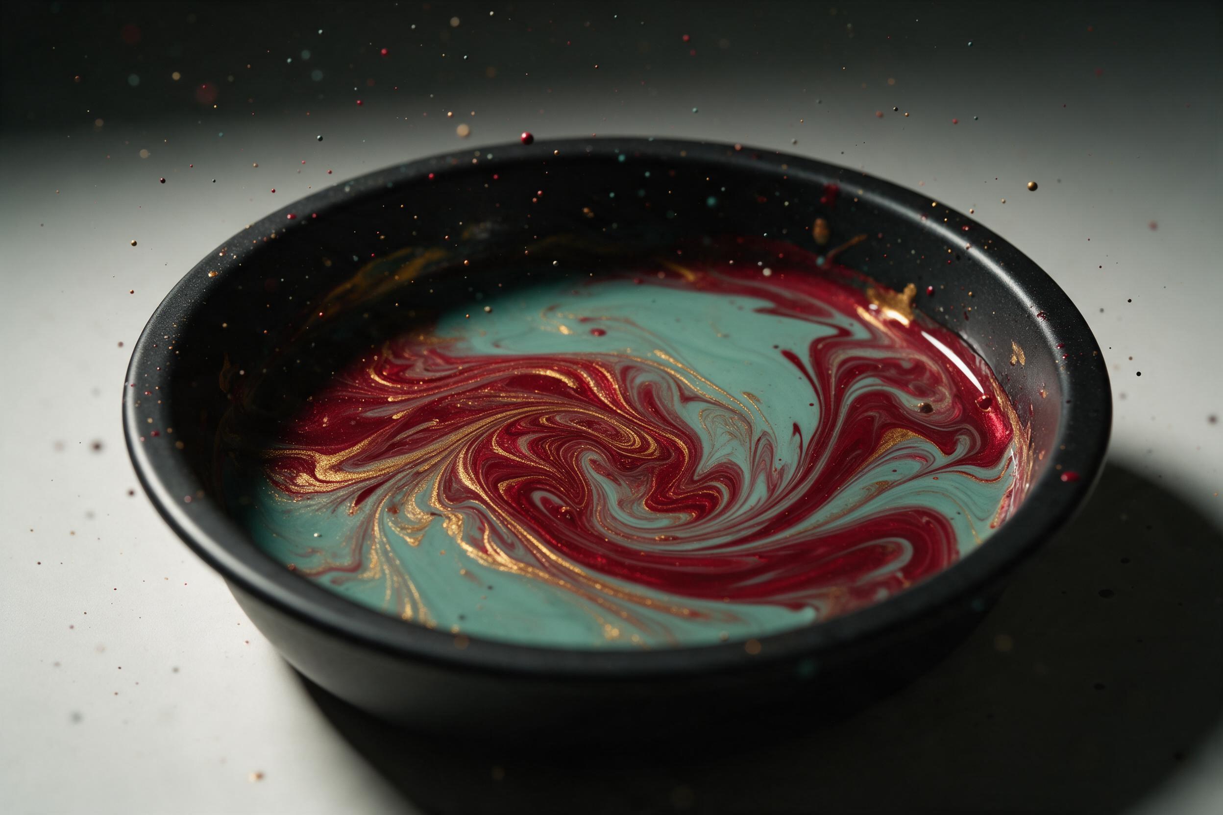Fluid acrylic paint swirling in a black basin, deep crimson and gold threads mixing with soft teal, glossy surface with subtle reflections, overhead shot, dramatic side lighting, fine droplets suspended mid-air, minimal composition with negative space