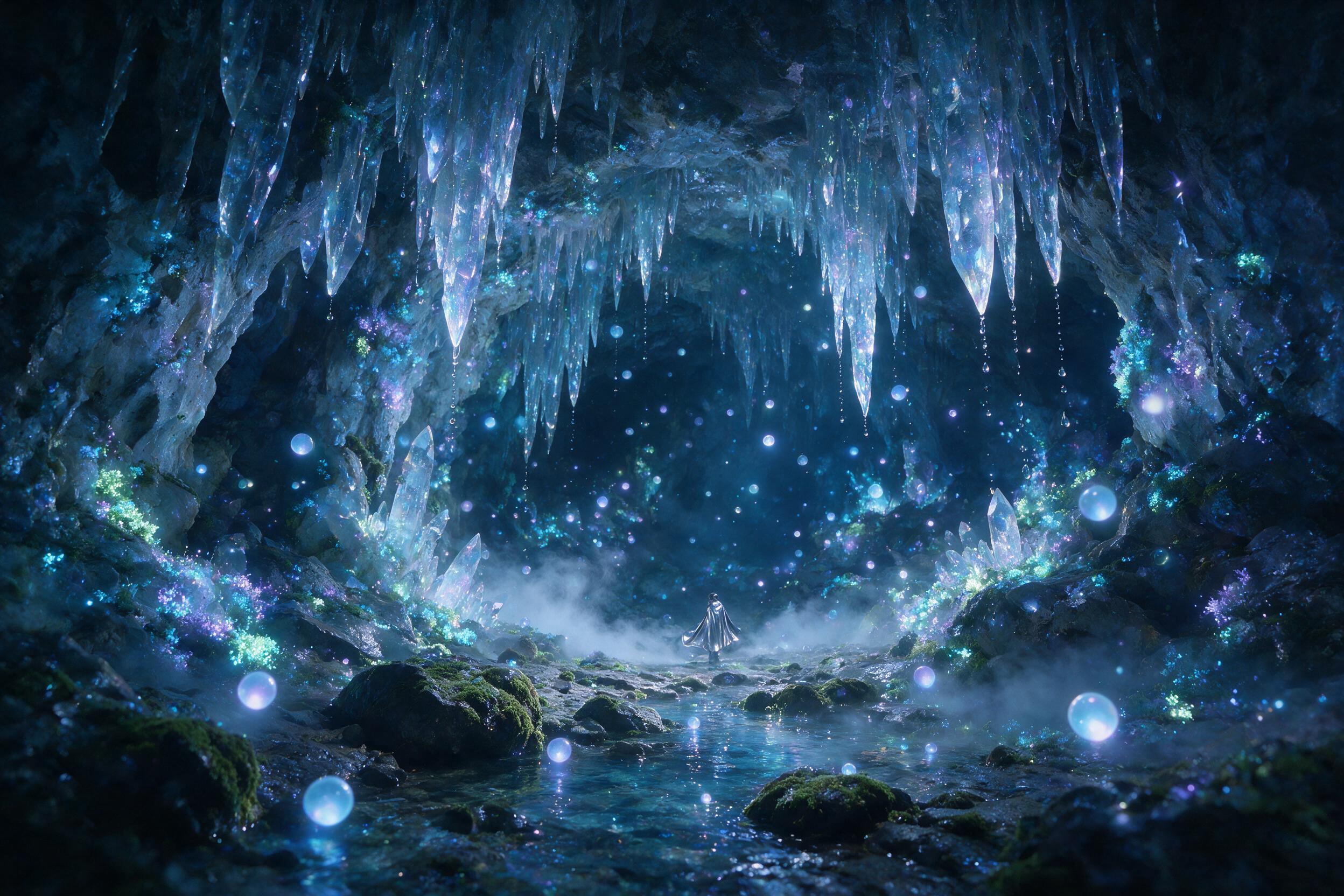 A luminous crystal cave illuminated by bioluminescent moss and floating glowing orbs. Stalactites drip with iridescent water. Mist swirls around a lone figure in a flowing silver cloak. Soft blue and purple light reflects off wet stone. Deep shadows, ethereal atmosphere.