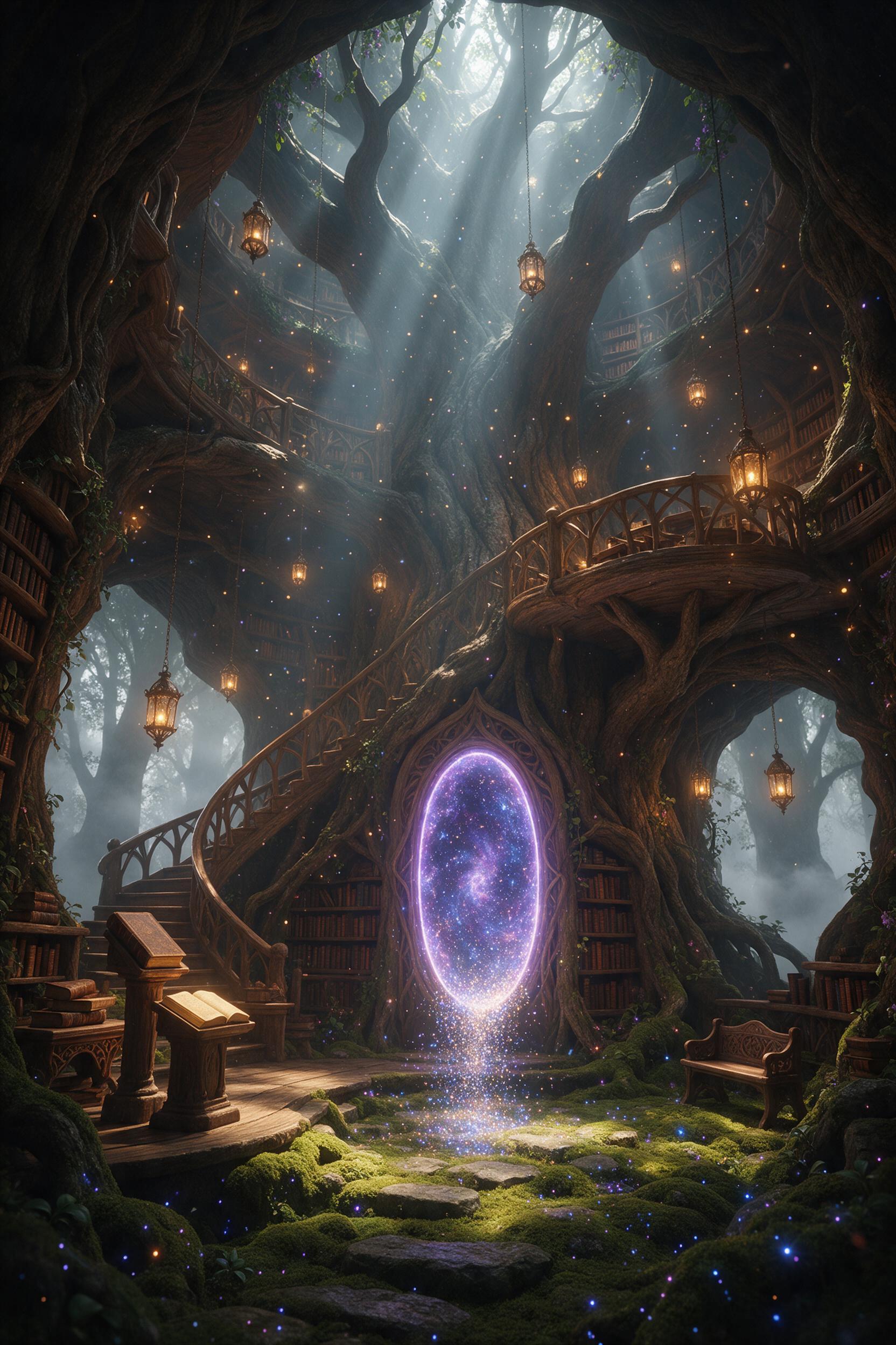 An ancient library inside a massive, hollowed tree in a misty forest. Floating ethereal lanterns cast warm amber light on winding staircases carved from living wood. A glowing portal in the center spills stardust onto moss-covered floor. Soft volumetric rays filter through canopy, magical dust parti