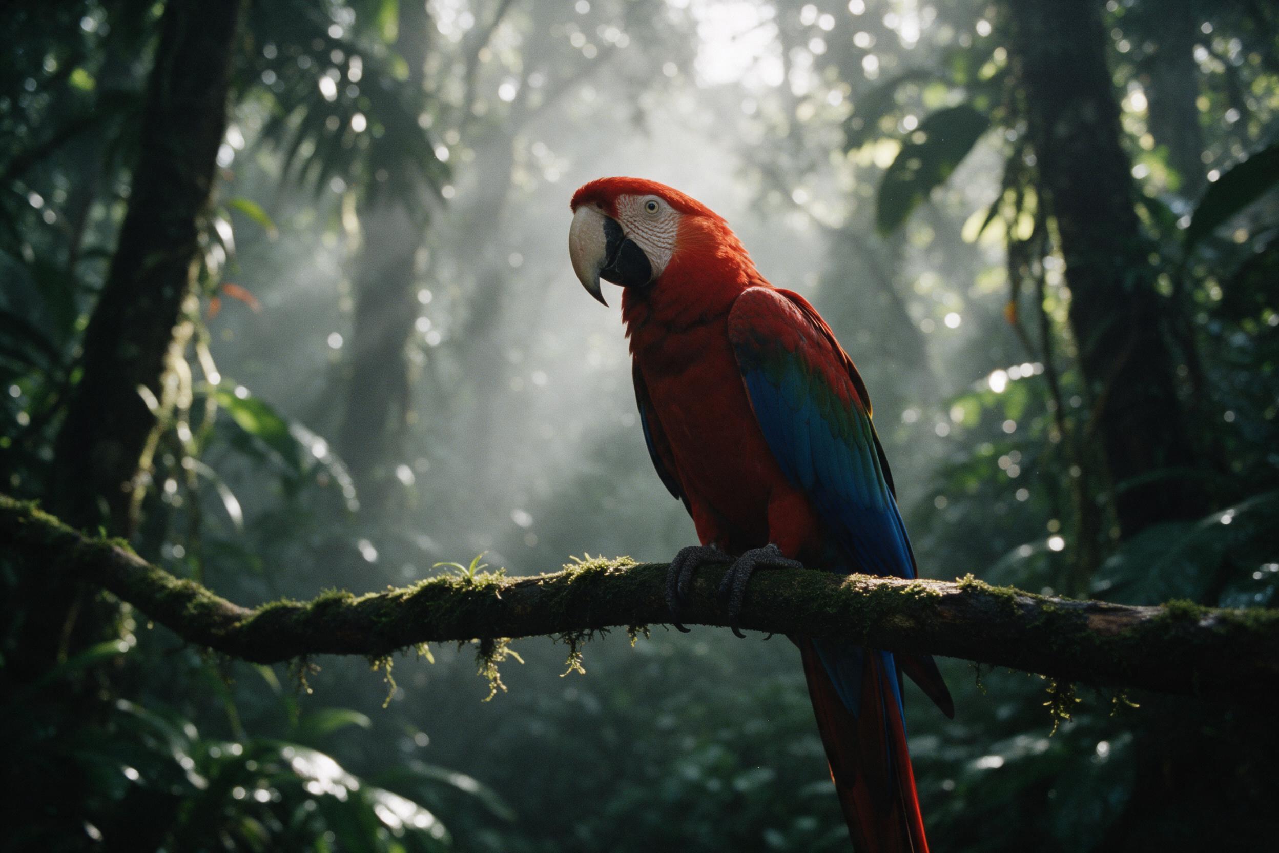 A scarlet macaw perched on a mossy branch in a misty rainforest, morning light piercing through dense canopy creating dappled shadows, feathers vividly red and blue with natural sheen, background softly blurred with bokeh, shallow depth of field, slightly grainy film texture, tranquil atmosphere.
