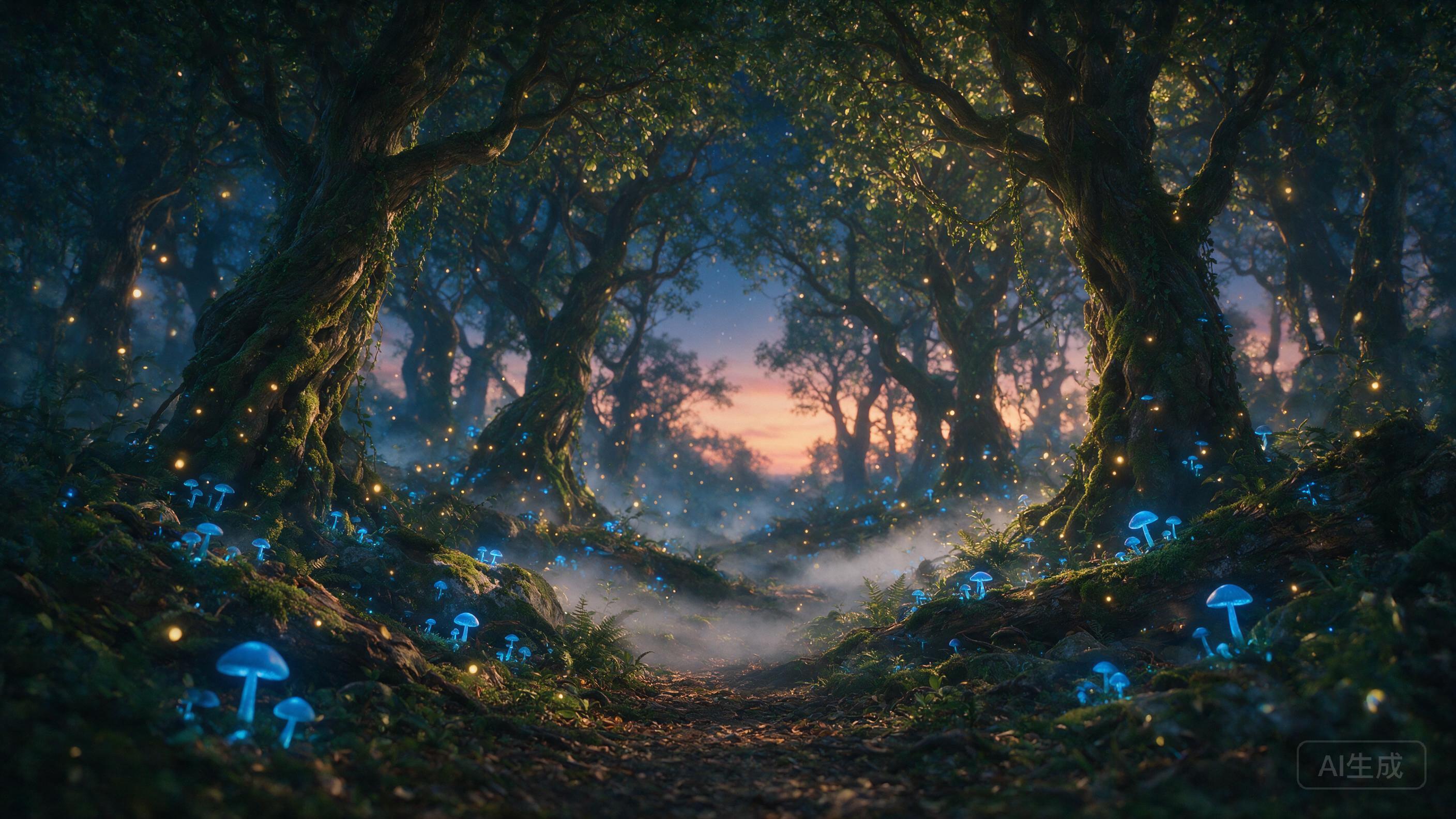 A bioluminescent forest at twilight, glowing blue mushrooms and floating orbs of light among ancient twisted trees, soft mist rising from the ground, ethereal atmosphere, warm golden light filtering through the canopy, shallow depth of field, cinematic composition