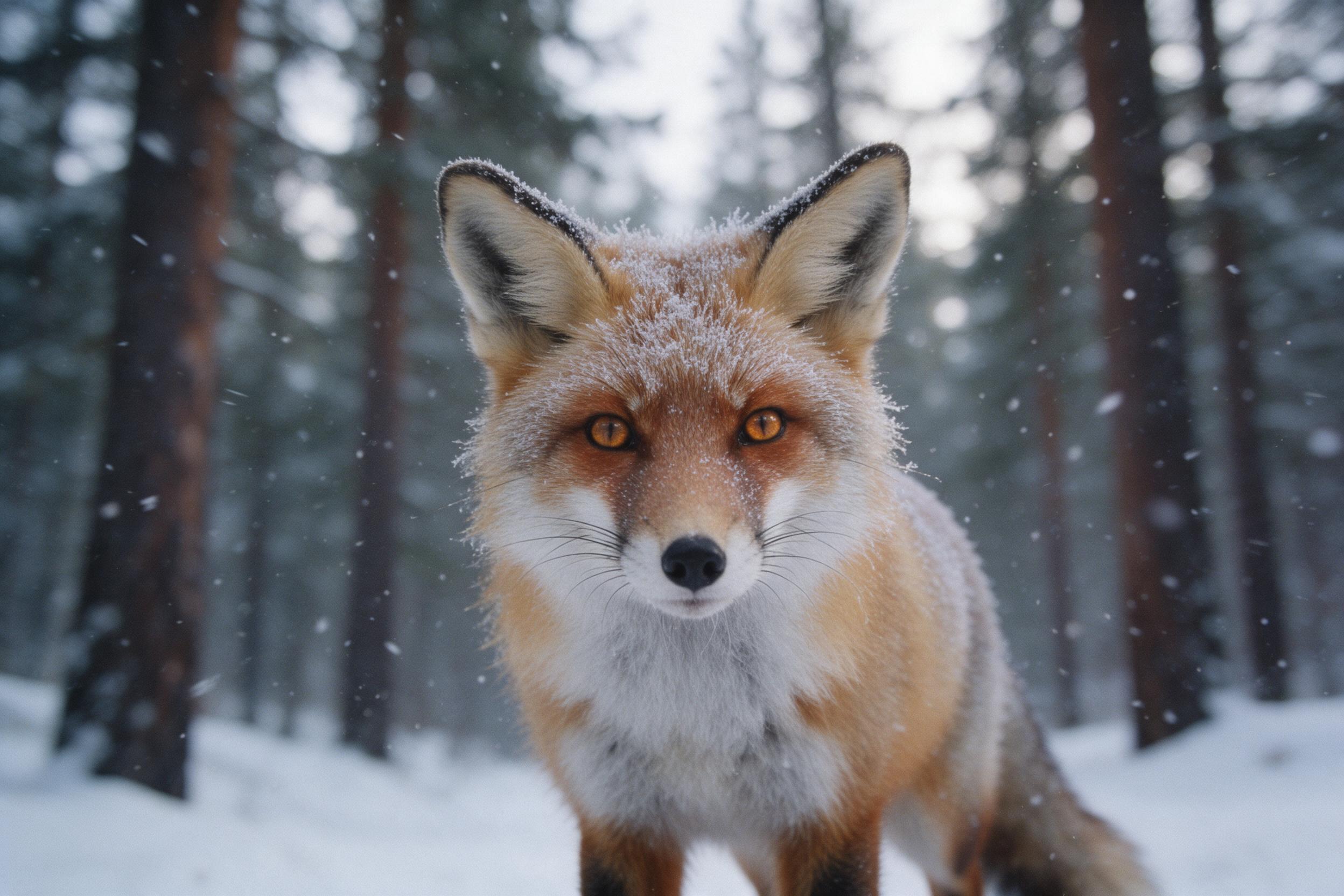 A red fox in winter forest, fur misted with frost, amber eyes glowing in soft overcast light, snowflakes drifting, shallow depth of field, background tall pines blurred, natural grain, slight camera shake, 50mm lens look