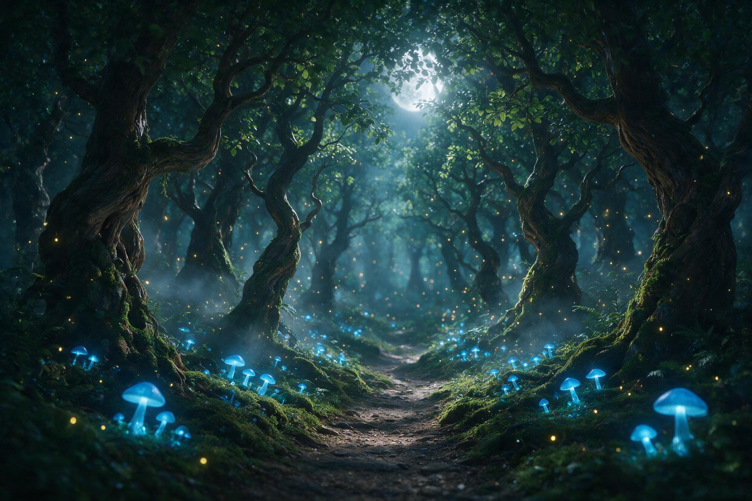 A luminous moonlit forest with glowing blue mushrooms along a winding path, soft mist curling between ancient twisted trees, fireflies floating like scattered stars, cool silver light filtering through leaves, shallow depth of field, ethereal atmosphere