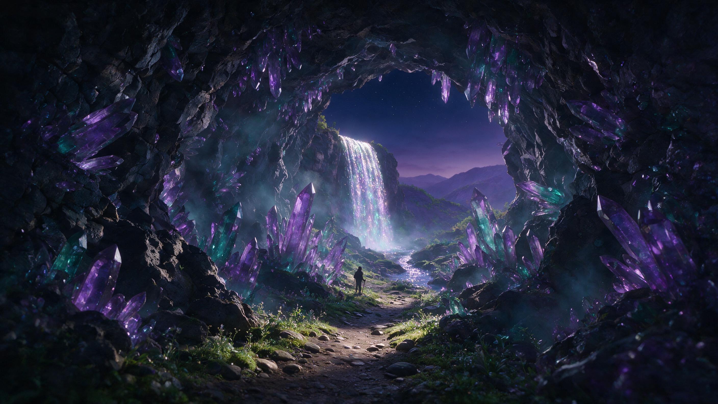 A luminous crystal cavern beneath a twilight sky, glowing violet and teal crystals jutting from dark rock, a narrow path winding toward a distant waterfall of shimmering light, mist catching the glow, soft volumetric rays, silhouette of a lone traveler with a staff, muted earthy tones contrasted by 