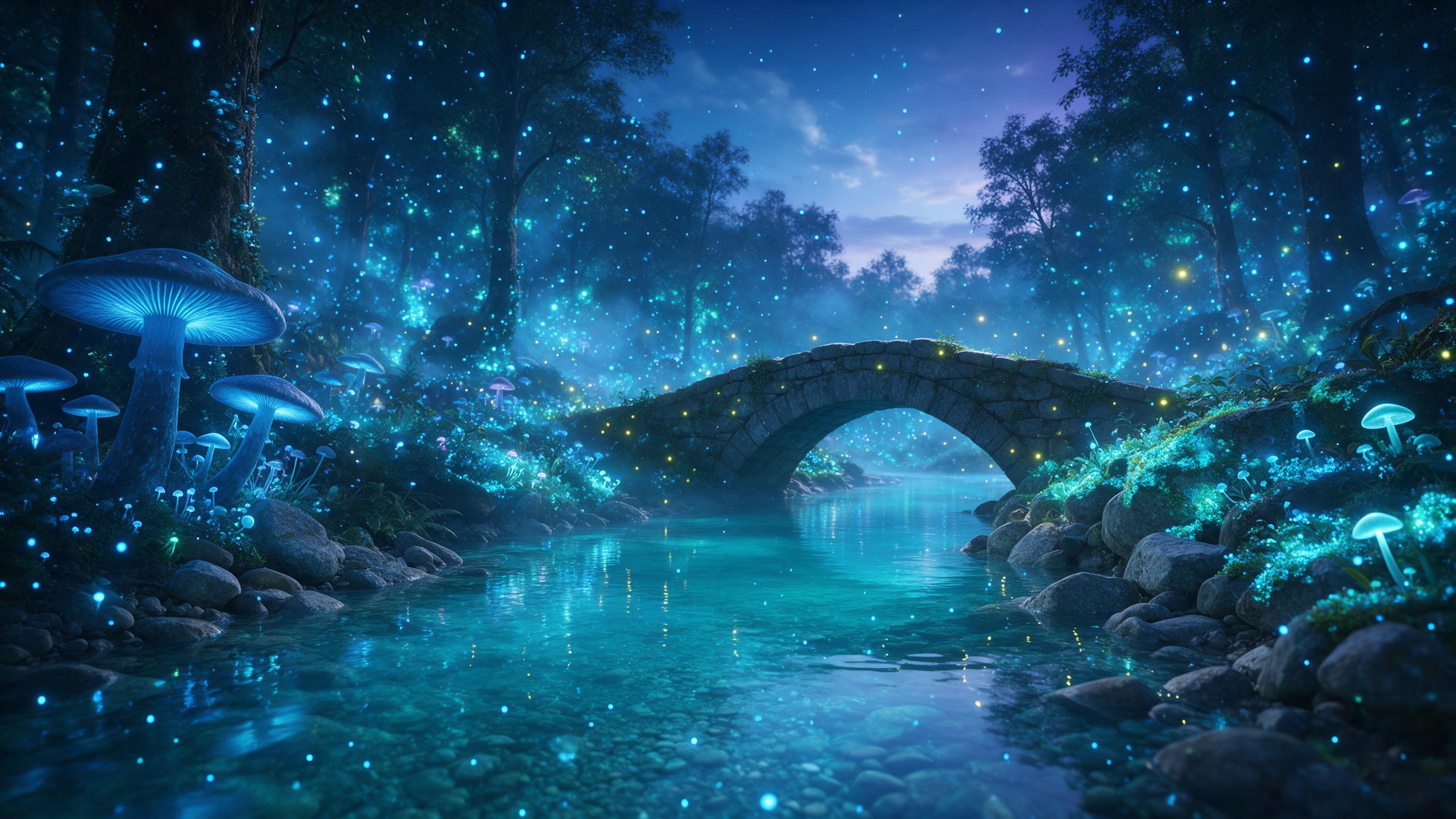 A crystal clear turquoise river winding through a bioluminescent forest at twilight, ancient glowing mushrooms and moss casting soft blue-green light on misty air, floating pollen sparks like stars, a lone stone bridge arching over the water, fireflies drifting, cinematic wide-angle composition, dre