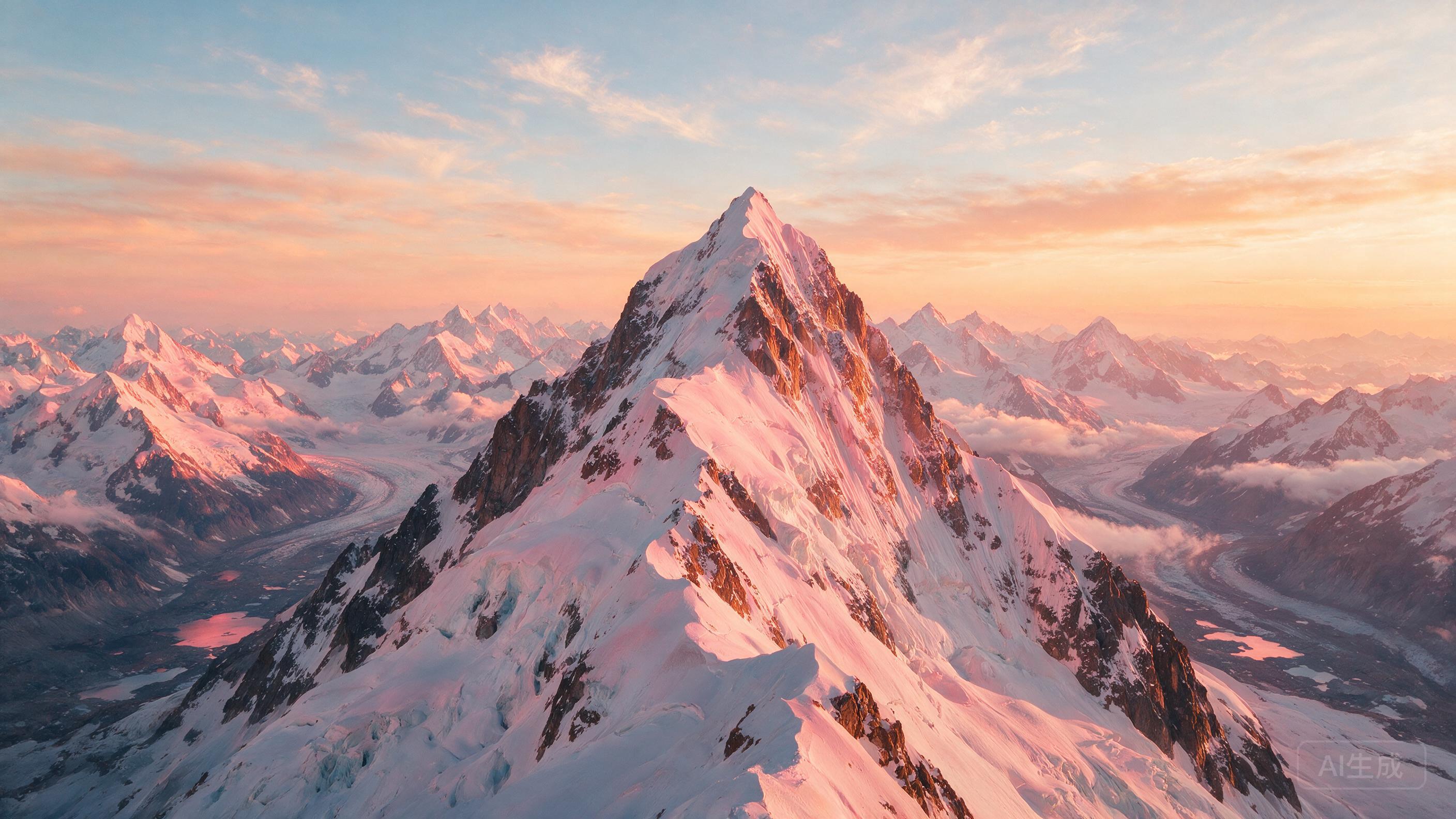 Snowy mountain peak at golden hour, alpenglow illuminating the summit, layers of distant peaks fading into haze