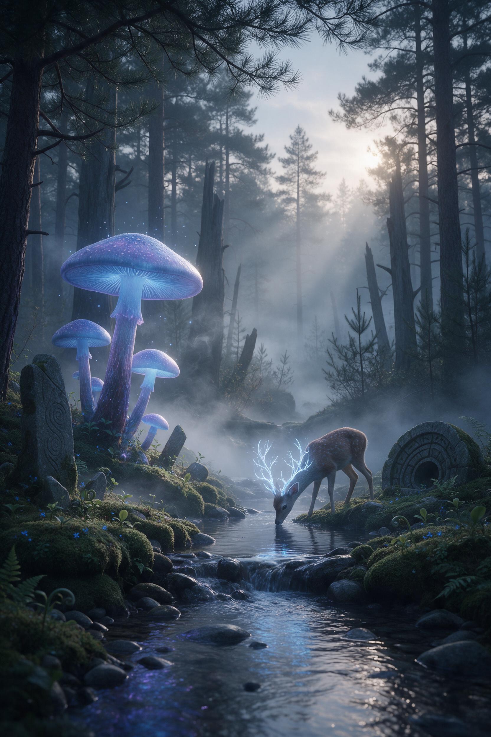 A misty ancient forest at dawn, giant bioluminescent mushrooms casting soft blue and violet glow on moss-covered stone ruins, a small deer with glowing antlers drinks from a crystal-clear stream, ethereal light rays piercing through tall pines, gentle fog swirling, dreamlike atmosphere, muted colors