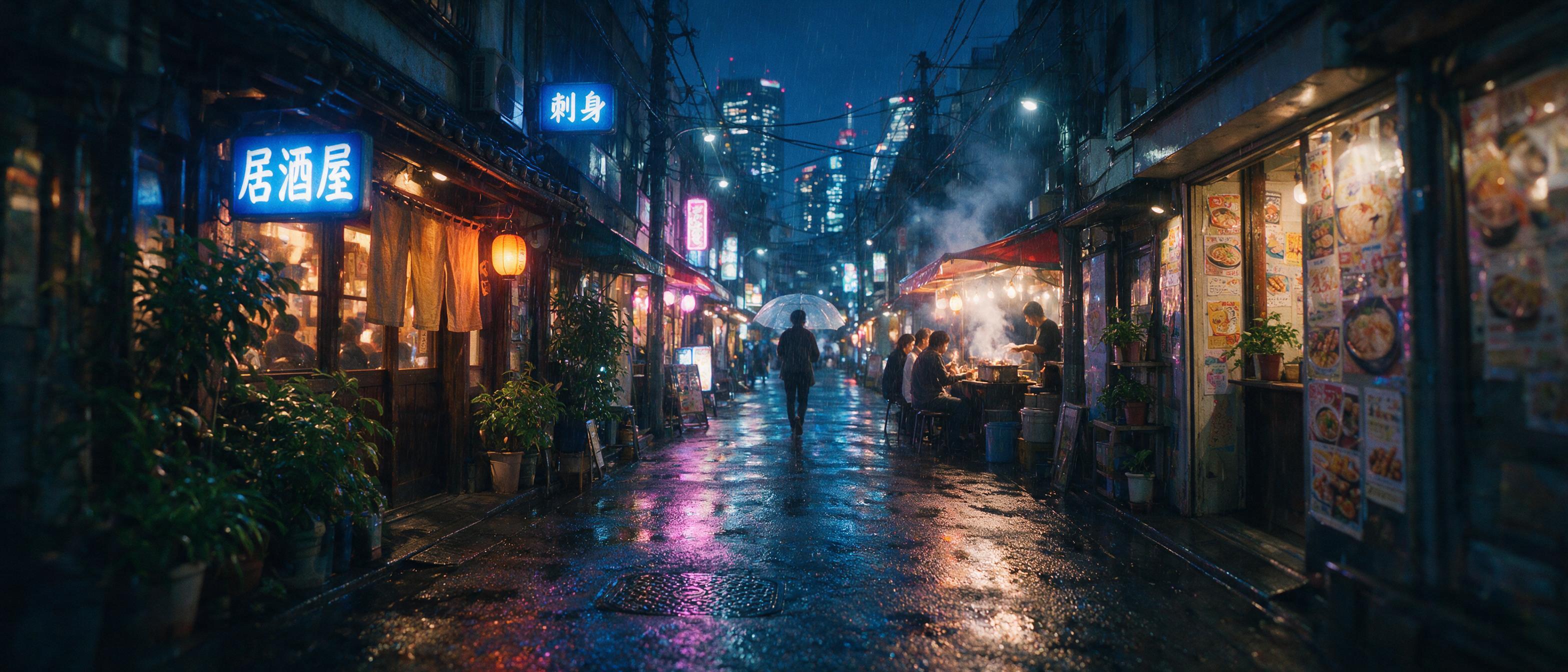 A rainy evening in a narrow Tokyo alley, neon signs reflecting on wet asphalt, a lone figure with a transparent umbrella walking away, steam rising from a food stall, warm window light spilling onto the street, shallow depth of field, slight motion blur, naturalistic color grading.