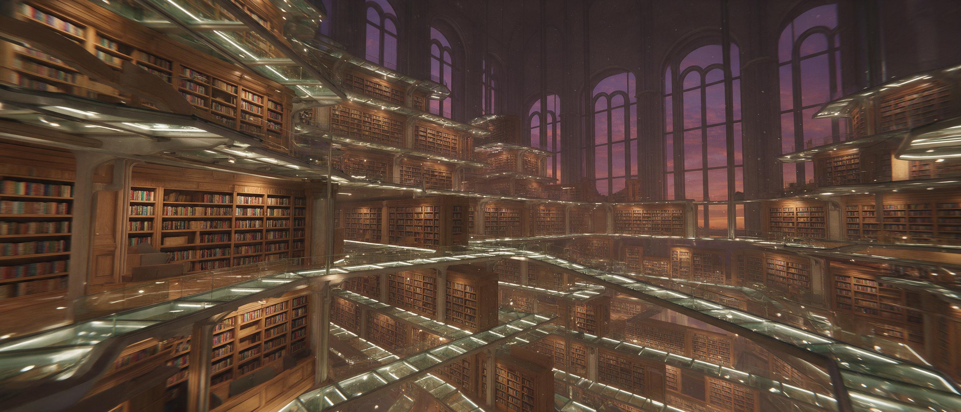 A sweeping view of a futuristic library interior at dusk, with cascading levels of warm oak bookshelves and glowing glass walkways, towering arched windows showing a purple-orange sky, soft ambient light and dust motes, ultra-wide shot with slight lens distortion, no people.