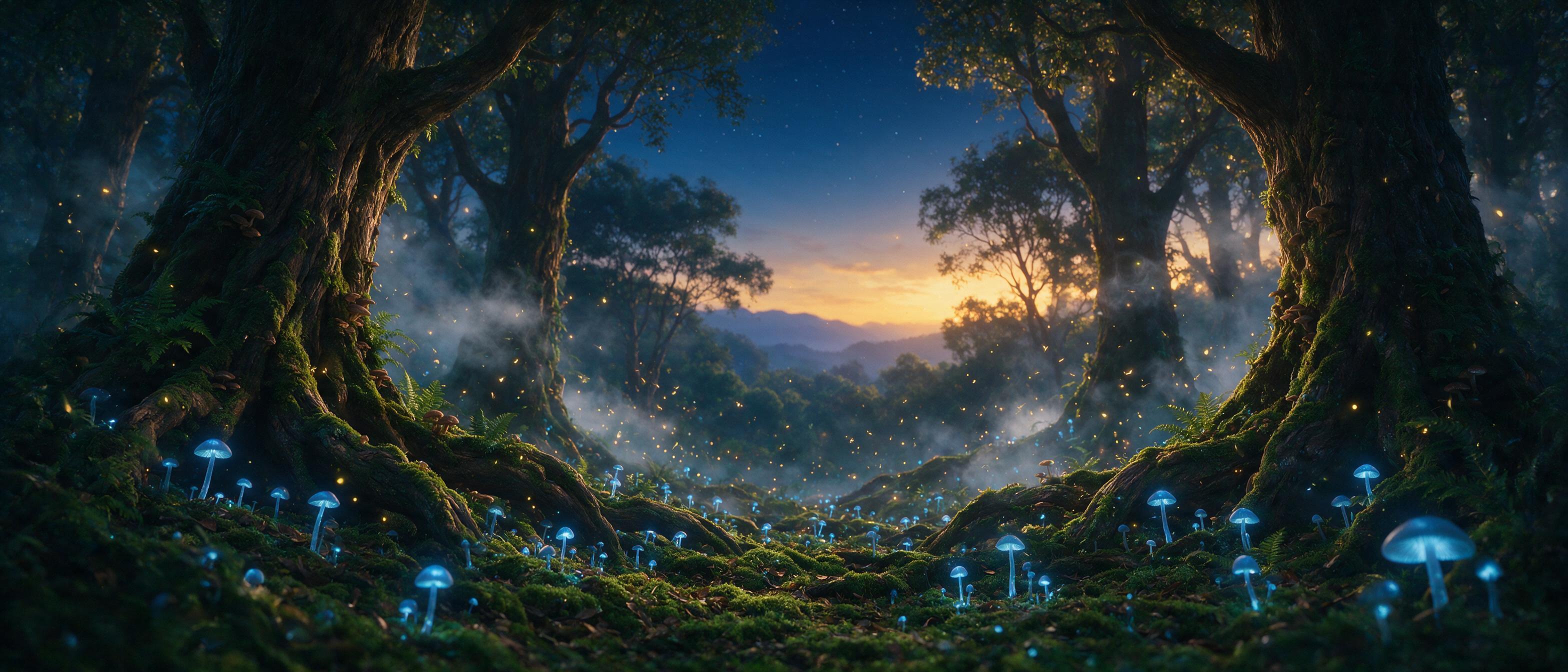 A luminous forest at twilight, glowing mushrooms scatter soft blue light on mossy ground, ancient gnarled trees with twisted roots, mist weaving between trunks, fireflies dancing in the air, ethereal atmosphere, cinematic composition, shallow depth of field, soft natural lighting with warm golden ho