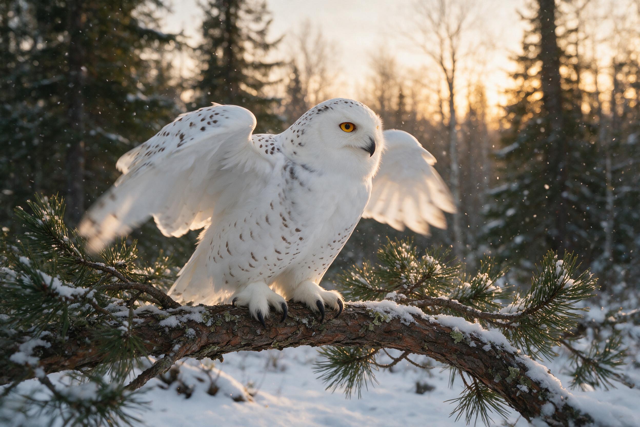 A majestic snowy owl perched on a gnarled pine branch at twilight, snowflakes falling softly, its amber eyes sharp, natural golden hour light filtering through bare trees, slight motion blur in wings, forest floor dusted with fresh snow, realistic wildlife photography style