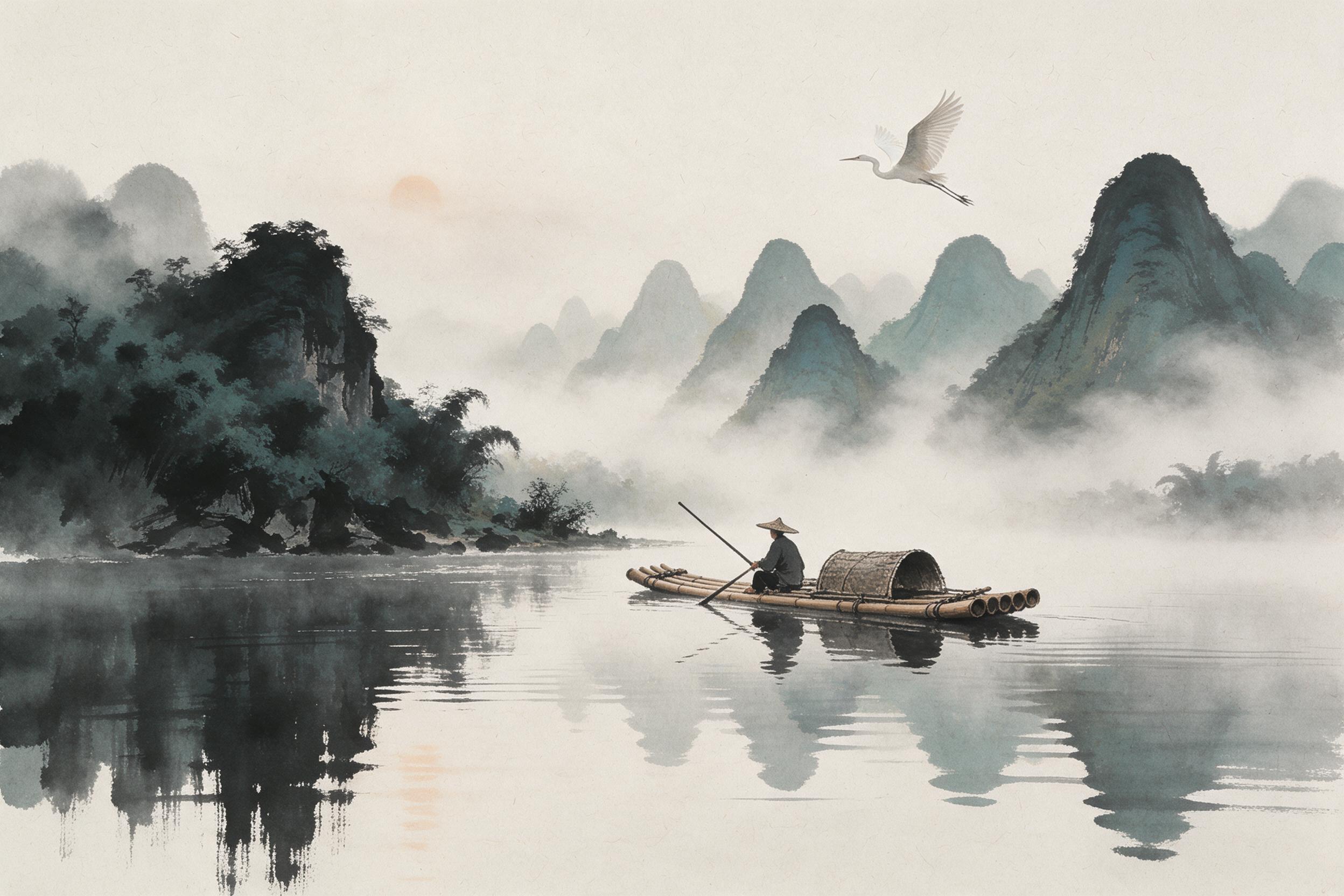 Misty ink wash painting of a lone fisherman on a bamboo raft, drifting through layered karst mountains reflected in still river water, morning fog curling between peaks, a single egret taking flight, brushstroke texture with visible paper grain, muted grey and teal palette with a faint orange sun lo