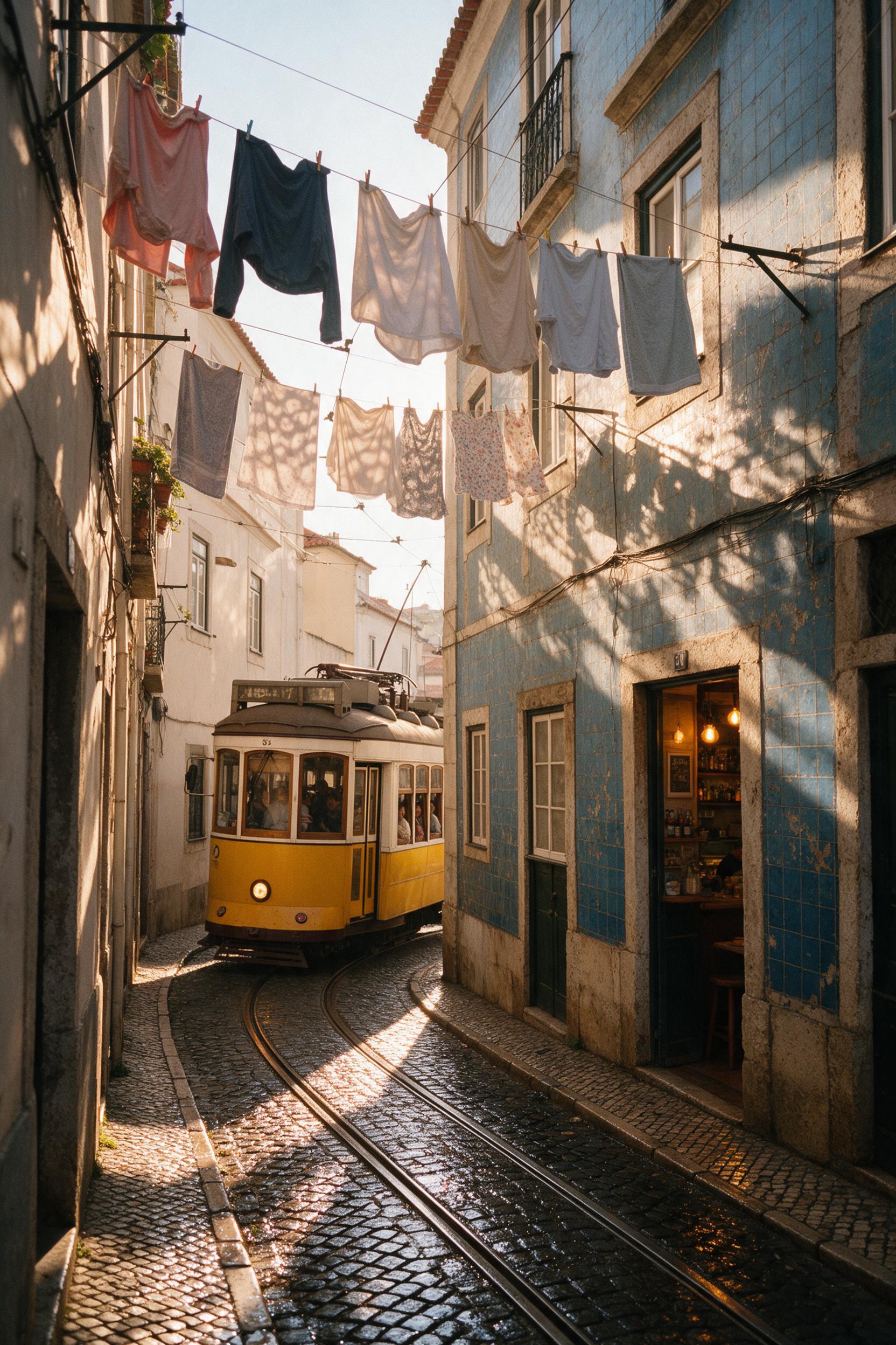 A sun-drenched Lisbon alley at golden hour, cobblestones glistening after a shower, laundry strung overhead casting soft patterned shadows, a vintage yellow tram curves past a weathered blue-tiled facade, warm light spilling from a small cafe door, natural street photography feel with subtle grain