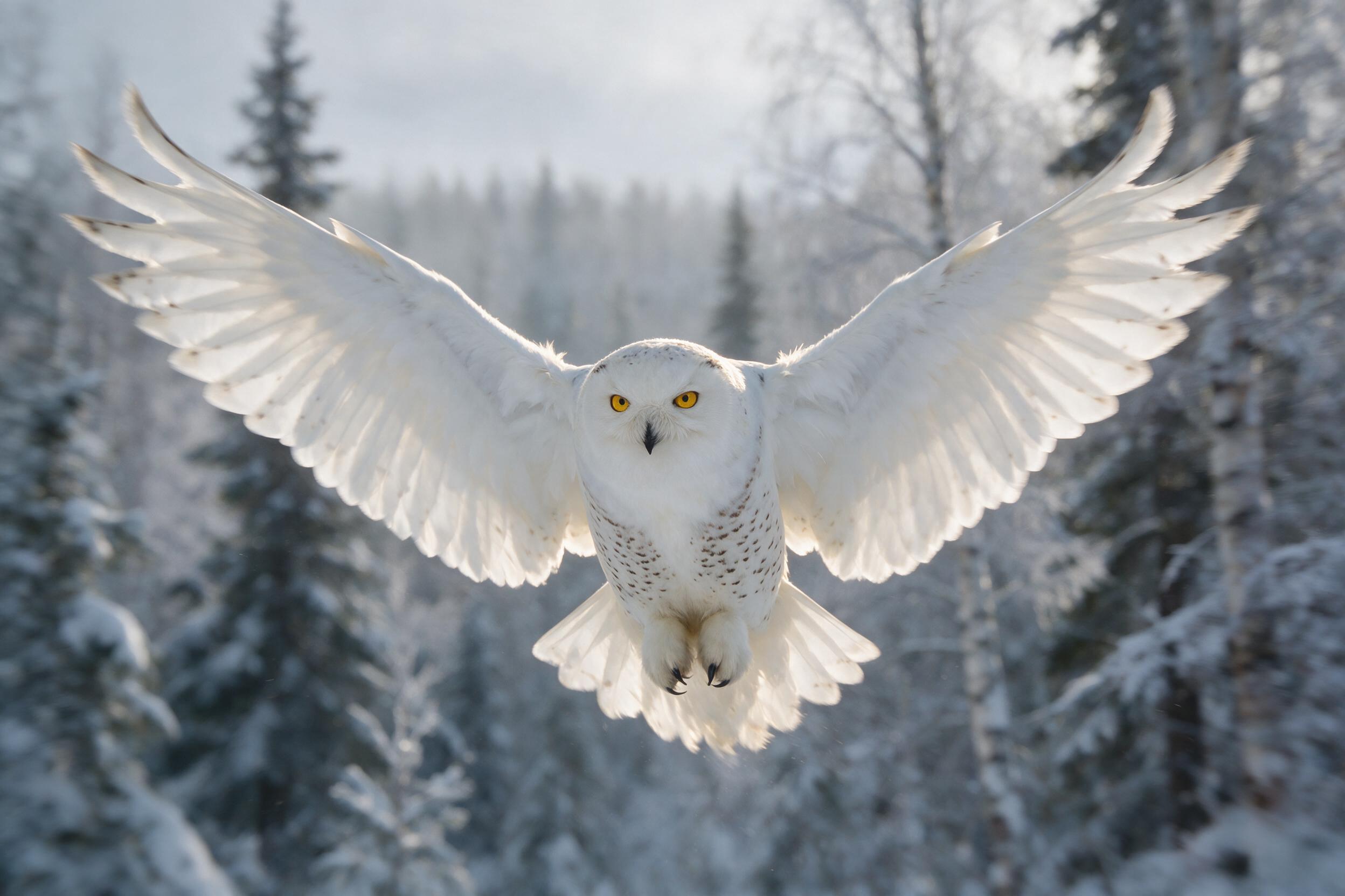 A close-up portrait of a snowy owl in mid-flight, wings spread wide, against a soft-focus winter forest backdrop. Natural, diffused light creates a gentle glow on the feathers. Slight camera shake adds a sense of motion. The bird's eyes are sharp and alert.