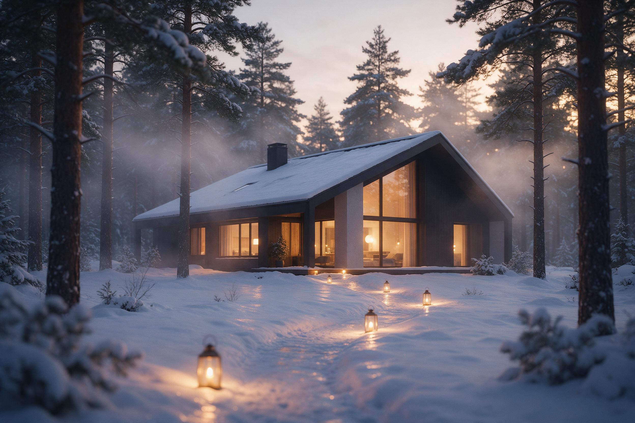 A modern minimalist house nestled in a snowy pine forest at dusk, warm glowing windows reflecting on fresh powder, a winding path lit by lanterns, mist between trees, soft blue and amber palette, shot with a 35mm lens, natural bokeh, calm and inviting mood