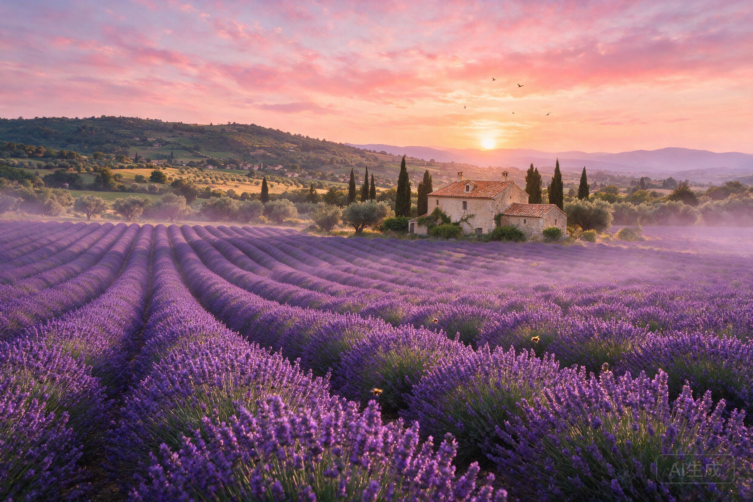 Lavender fields in Provence at sunset, rows of purple flowers stretching to the horizon, a distant farmhouse, warm golden light