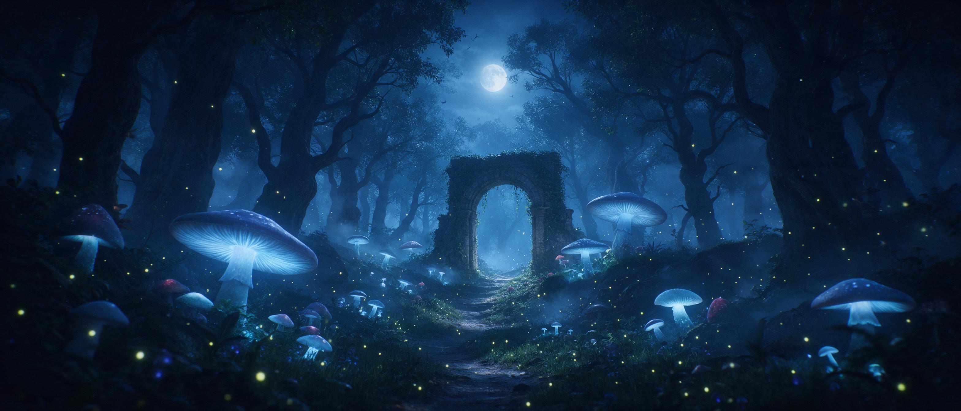 A moonlit enchanted forest with giant glowing mushrooms casting soft blue light, a winding path leading to an ancient stone arch covered in ivy, mist drifting between tall twisted trees, fireflies sparkling in the air, cinematic wide shot, ethereal atmosphere, subtle film grain.