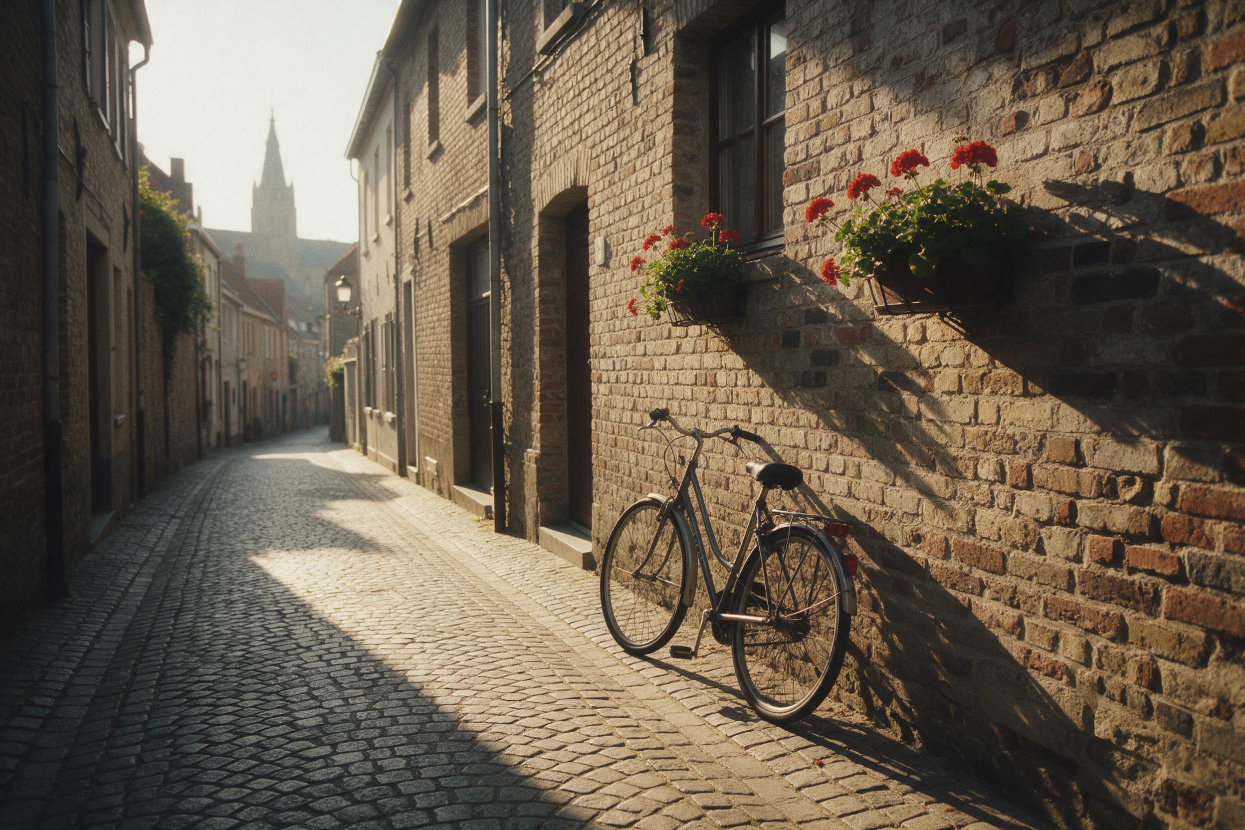 Sunlit cobblestone alley in an old European town, morning light casting long shadows, a bicycle leaning against a weathered brick wall, hanging flower boxes with red geraniums, a distant church spire, warm amber tones, slight film grain, candid street photography composition
