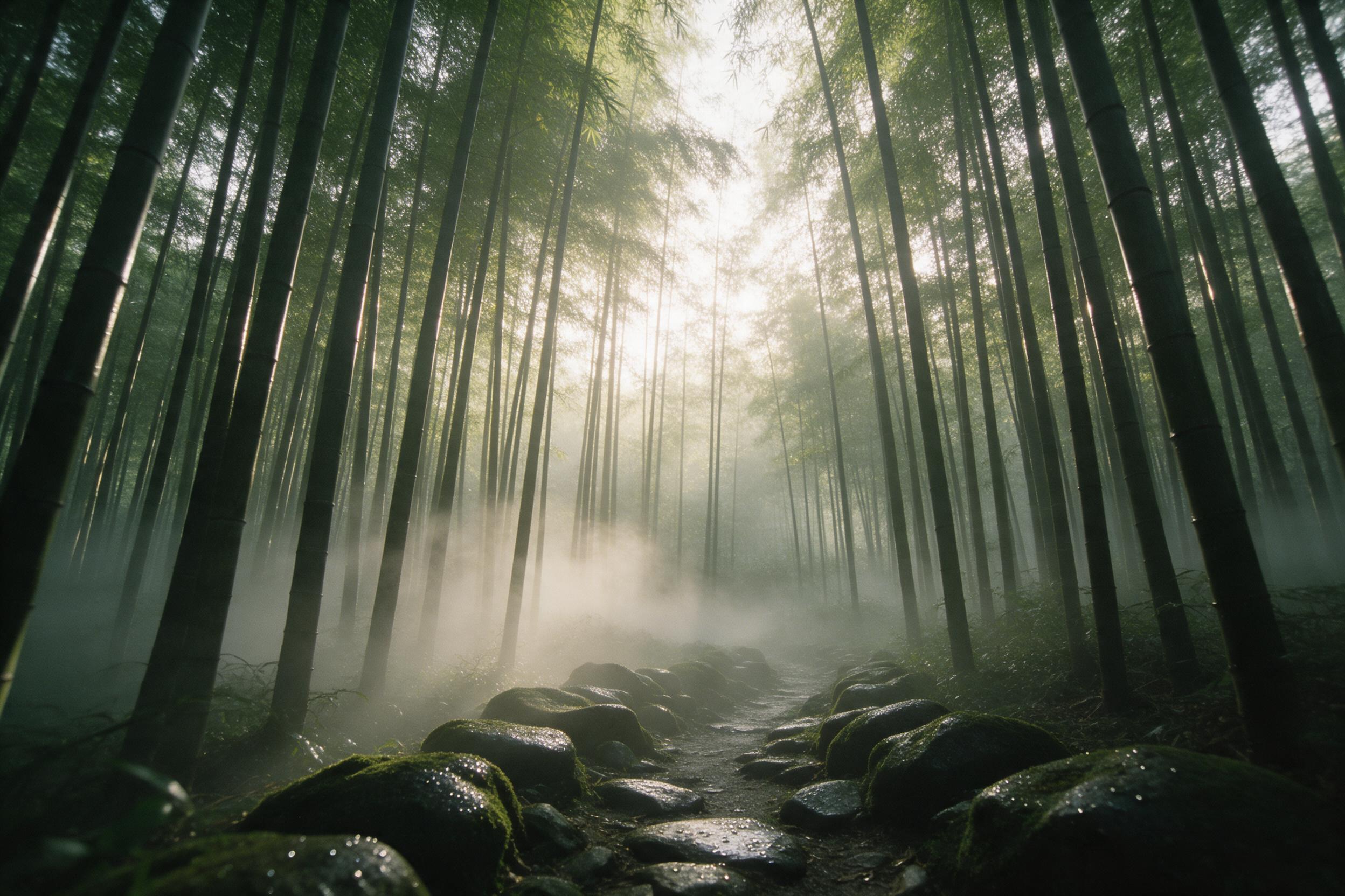 A dense, misty bamboo forest at dawn, pale golden sunlight filtering through tall stalks, thin ground fog drifting between trunks, a narrow winding path with dew-covered mossy stones, soft diffused light, muted green and gold tones, slight camera shake and natural film grain, serene atmosphere.