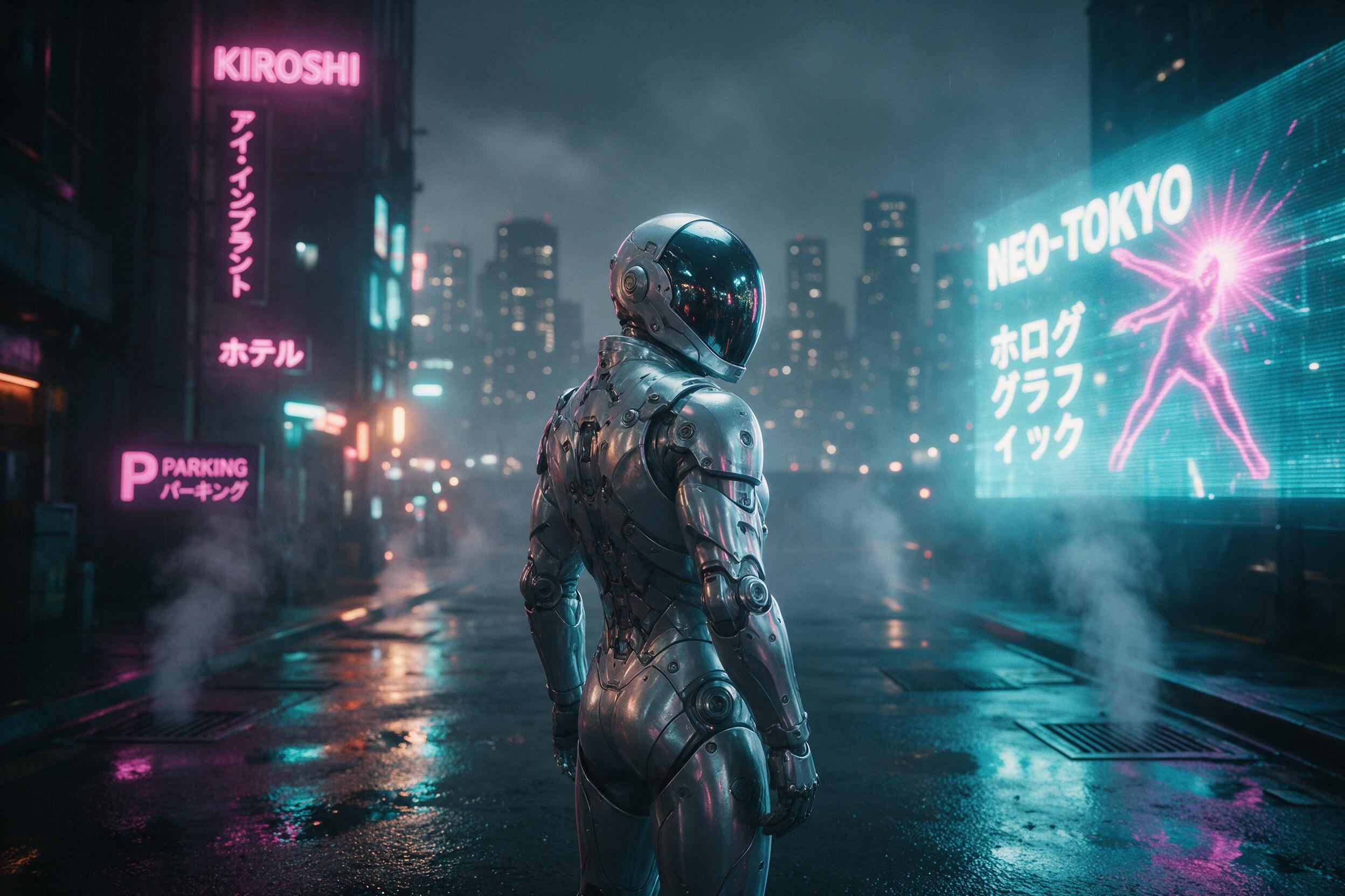 A lone figure in a shimmering silver exosuit stands on a rain-slicked neon alley, holographic advertisements flickering in cyan and magenta, steam rising from vents, atmospheric haze catching the glow, shallow depth of field focusing on the reflective helmet visor, city skyline blurred in background