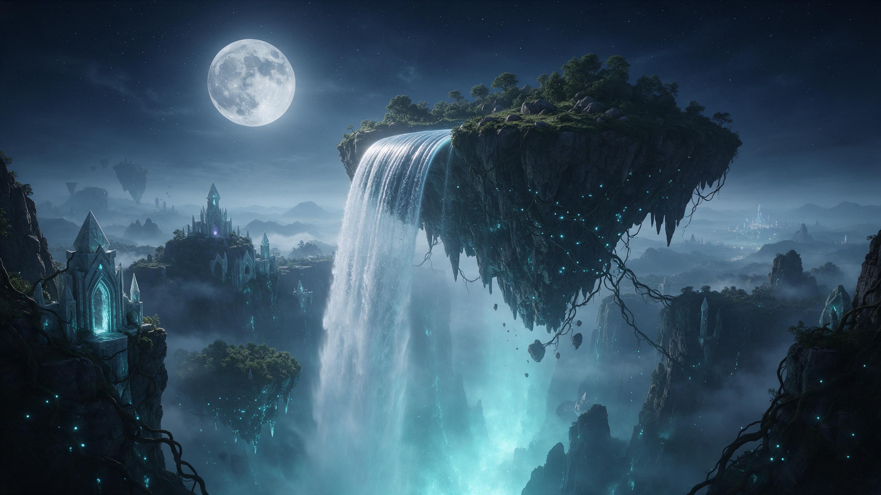 A moonlit floating island with a cascading waterfall that flows into a glowing abyss, surrounded by luminescent vines and ancient crystalline ruins. Gentle mist veils the scene, lit by soft cyan light from below. Atmospheric haze, intricate textures, sharp focus on the waterfall's curve, wide shot c