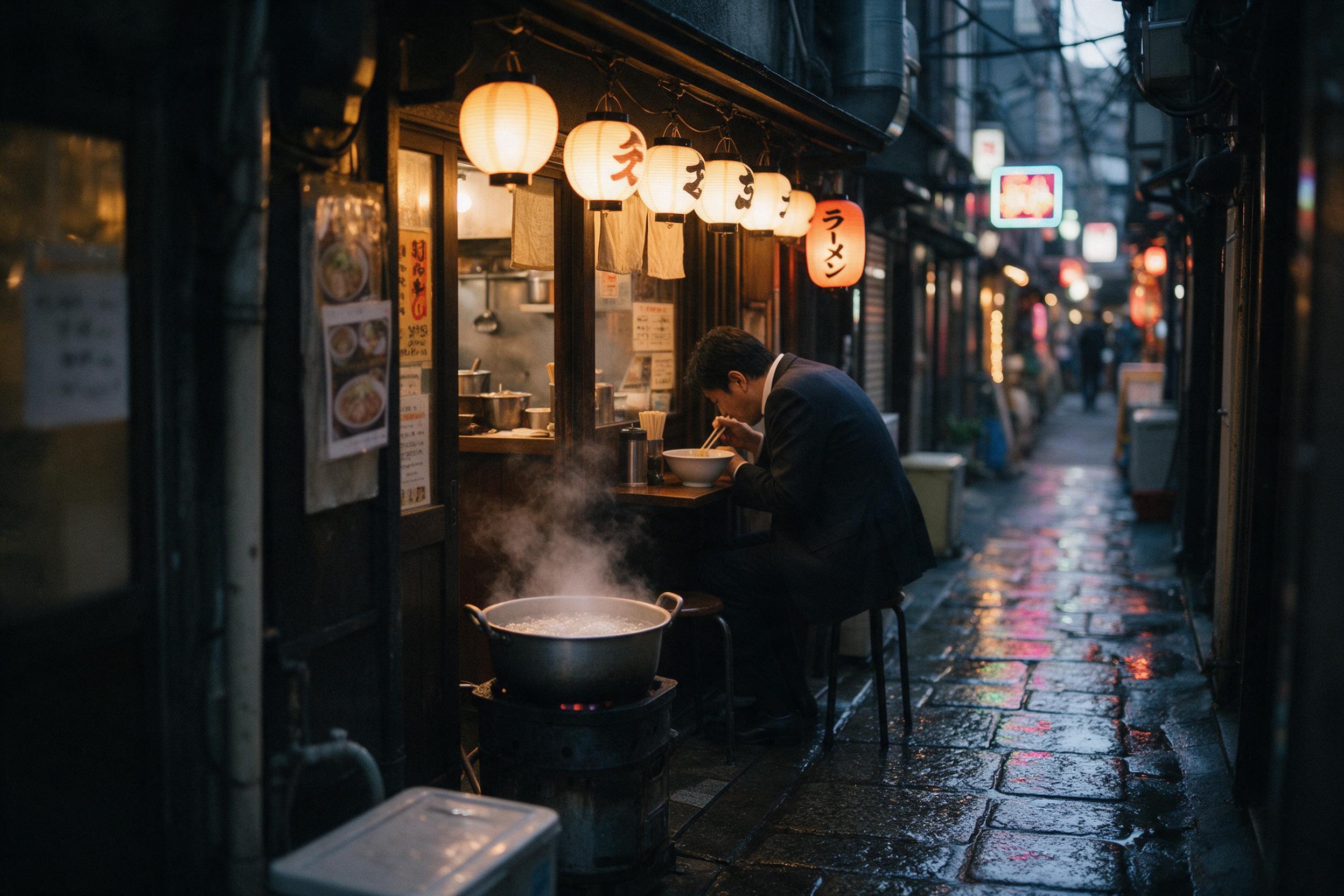 A narrow Tokyo alley at dusk, warm lanterns glow over a tiny ramen shop, steam rising from a bubbling pot, rain-slicked stone path reflecting neon signs, a lone salaryman hunched over a bowl, shallow depth of field, natural evening light with slight grain