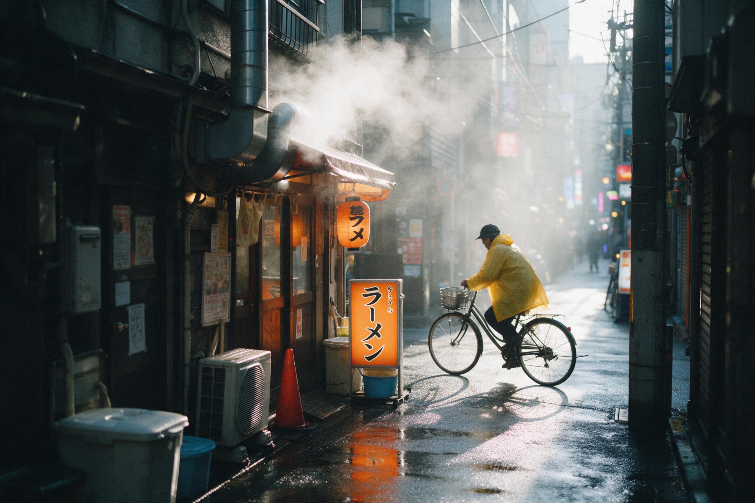 Sunlit rain-slicked narrow Tokyo alley at dawn, steam rising from a small ramen shop vent, wet asphalt reflecting warm orange signage, a lone cyclist in a yellow raincoat turning the corner, soft haze and distant neon, shallow depth of field, 35mm film grain, natural morning light