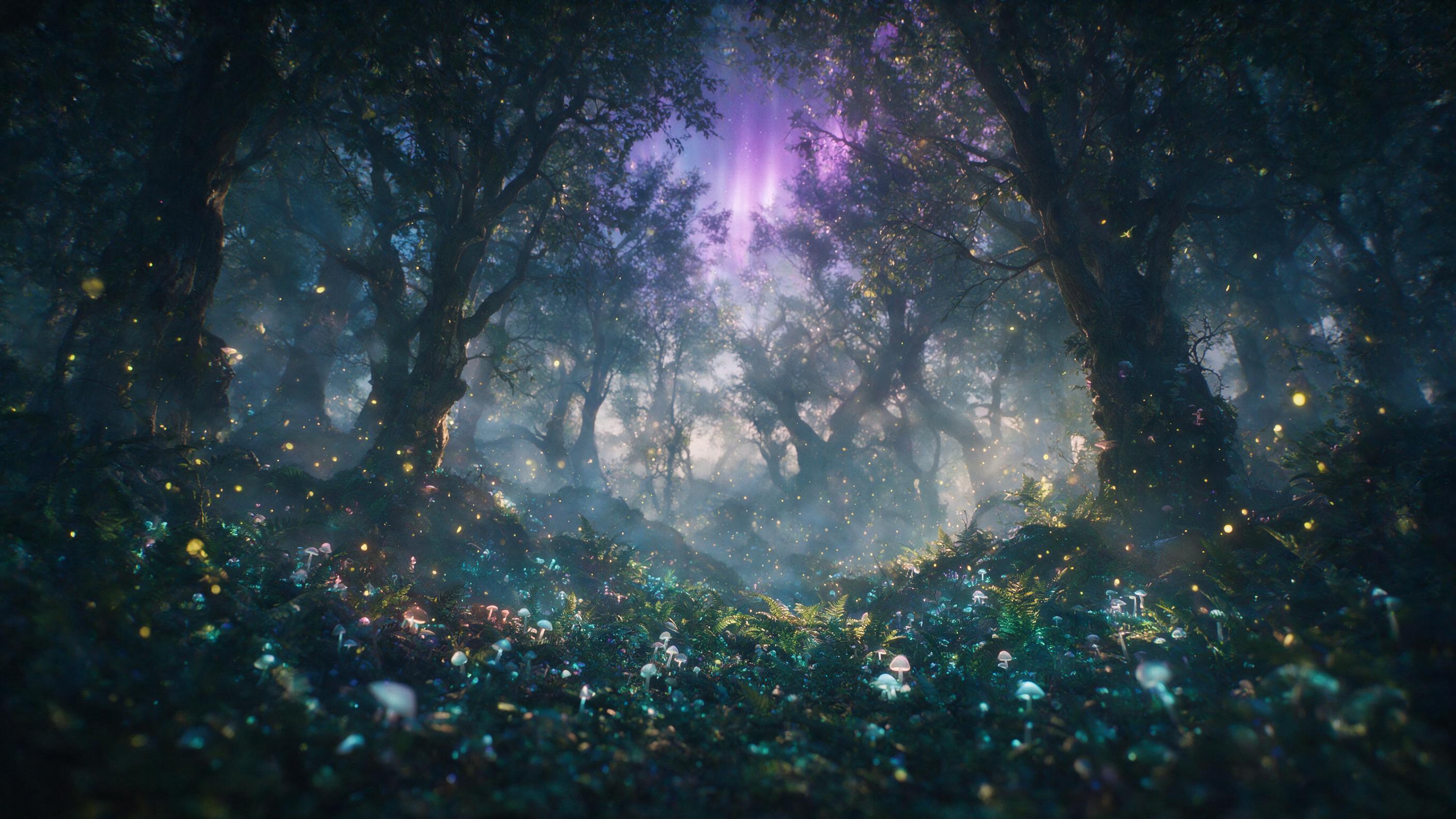 An ethereal forest at twilight, bioluminescent mushrooms and glowing ferns carpet the ground, soft mist weaves between ancient gnarled trees, a shimmering purple aurora peeks through the canopy, gentle golden fireflies dance in the air, cinematic light rays, dreamy atmosphere, shallow depth of field