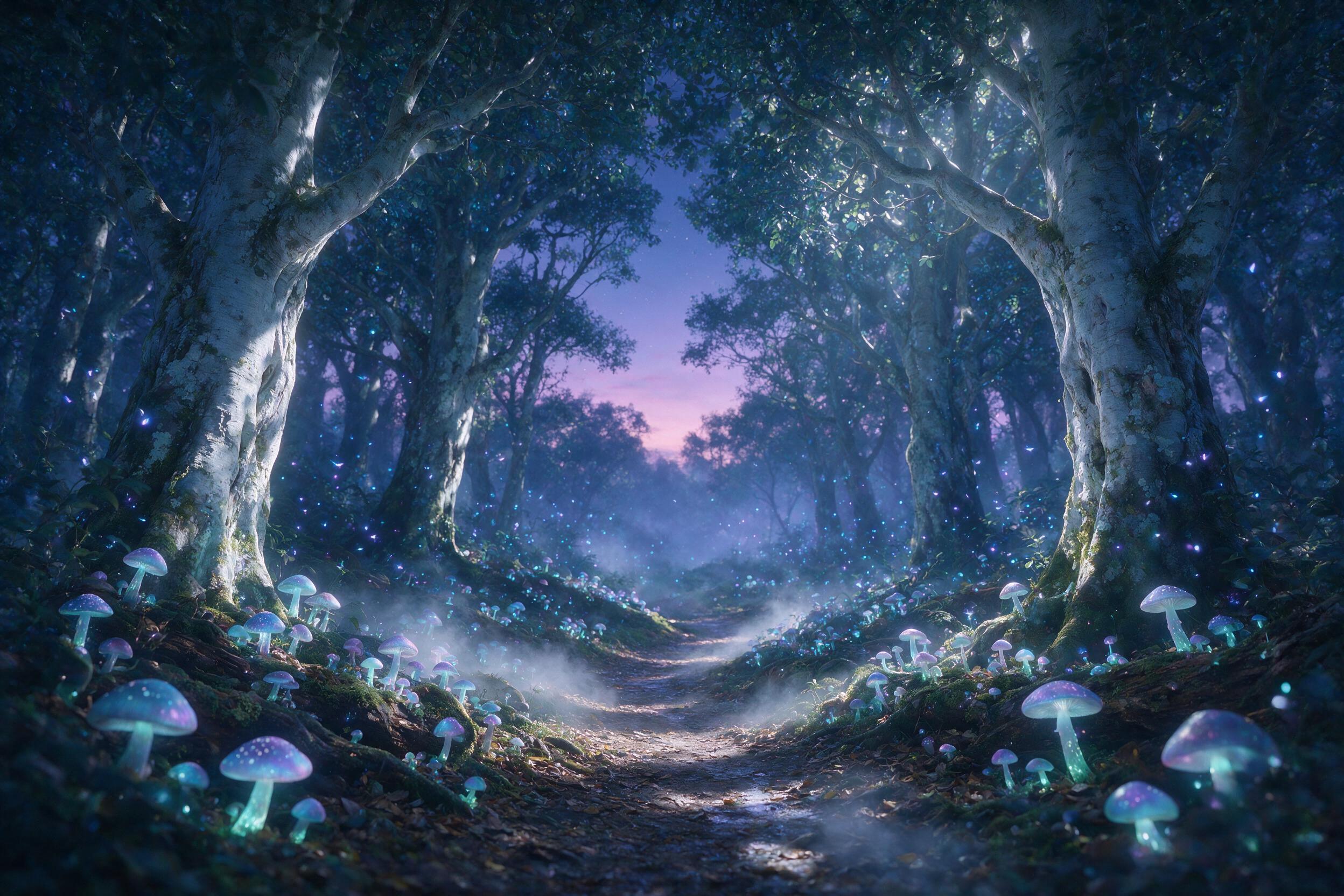 A luminous forest at twilight, glowing mushrooms line a winding path, ancient trees with silver bark, soft blue and violet fireflies float in the air, misty ground, dappled moonlight through canopy, dreamy ethereal atmosphere, shallow depth of field, subtle lens flare.