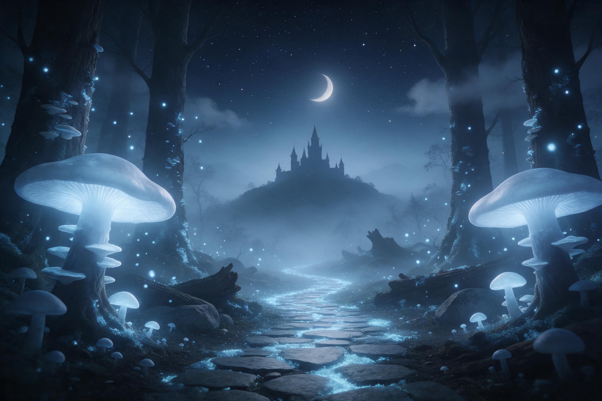 A moonlit enchanted forest with giant glowing mushrooms, a winding path of luminescent moss, ethereal blue fireflies, and a distant castle silhouette on a hill, under a starry sky with a crescent moon, misty atmosphere, soft magical glow from flora, quiet and serene, eye-level perspective, centered 
