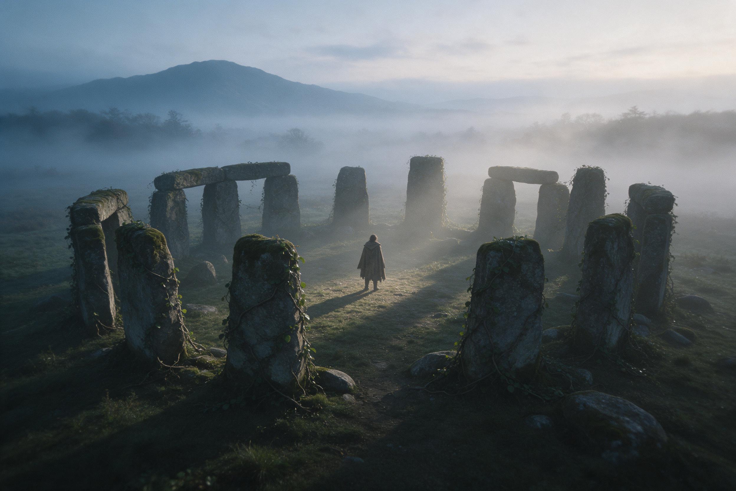 A misty dawn over an ancient ruined stone circle, moss-covered pillars veiled in creeping vines, a lone traveler in a worn cloak standing at the center, faint golden light rays breaking through fog, distant mountains shrouded in blue haze, muted color palette with soft diffused lighting, slight film
