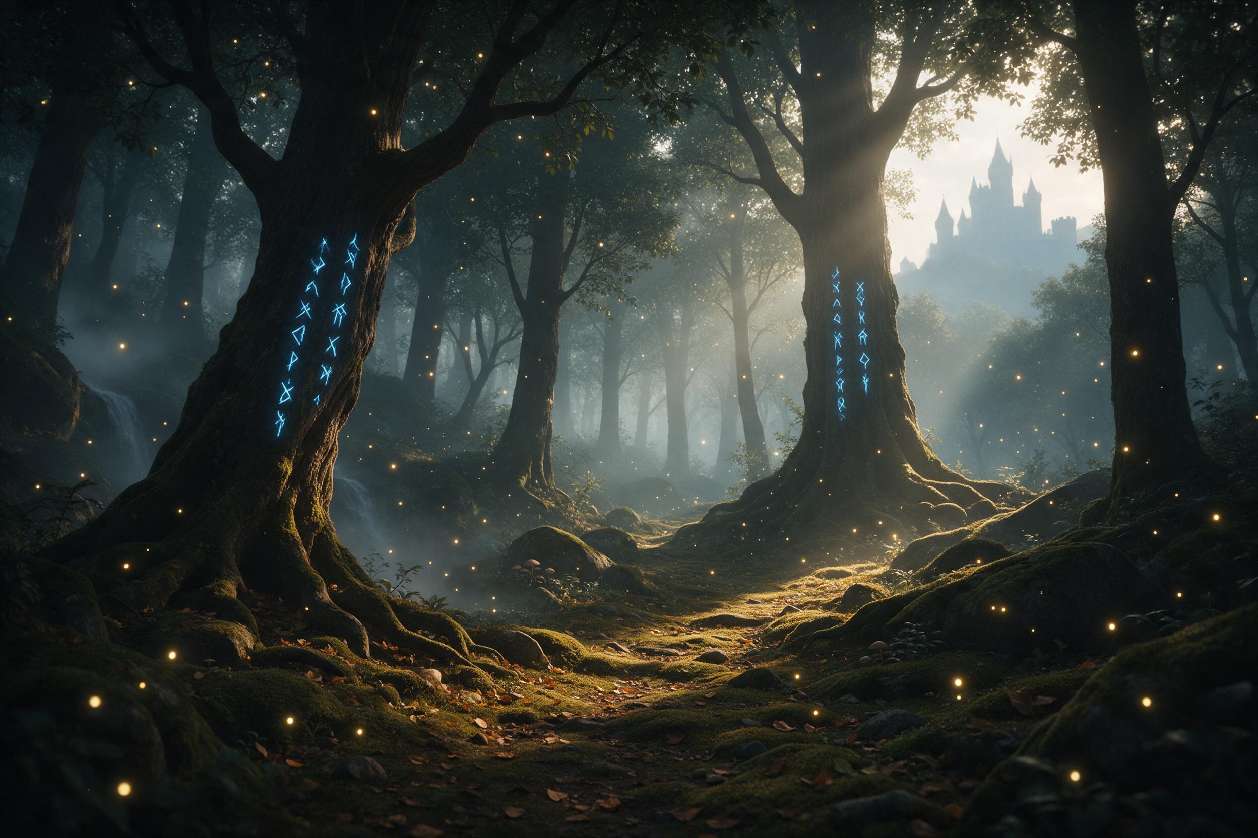 A misty enchanted forest at dawn, ancient towering trees with glowing blue runes carved on bark, ethereal fireflies floating in the air, a narrow winding path covered in moss, soft golden light rays piercing through the canopy, faint silhouette of a distant castle on a hill, dreamy atmosphere with g