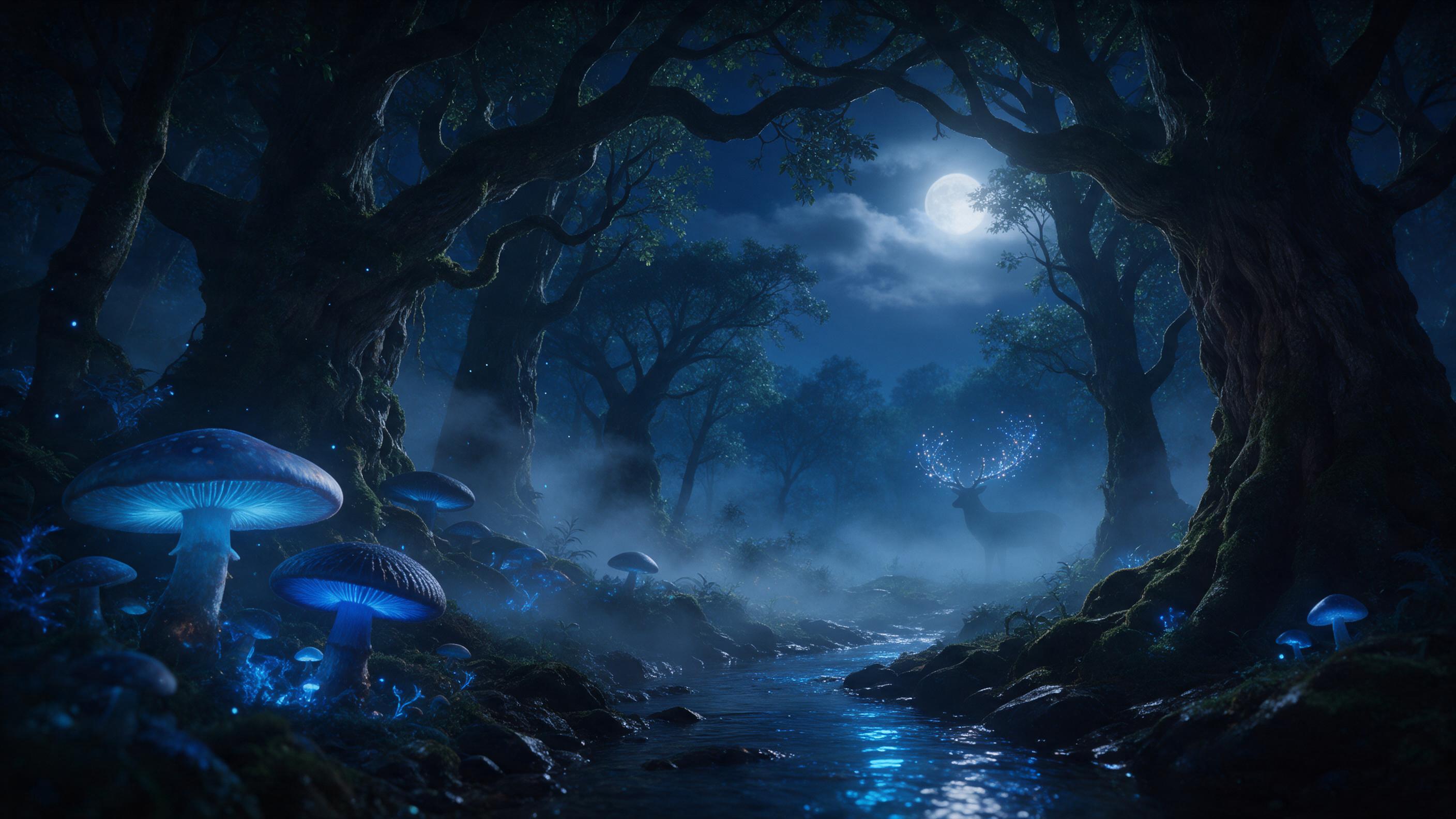 A moonlit enchanted forest clearing with giant glowing mushrooms, a small stream reflecting bioluminescent blue light, mist weaving between ancient mossy trees, a subtle silhouette of a deer with antlers that shimmer like starlight, wide-angle composition, soft diffused moonlight, ethereal atmospher