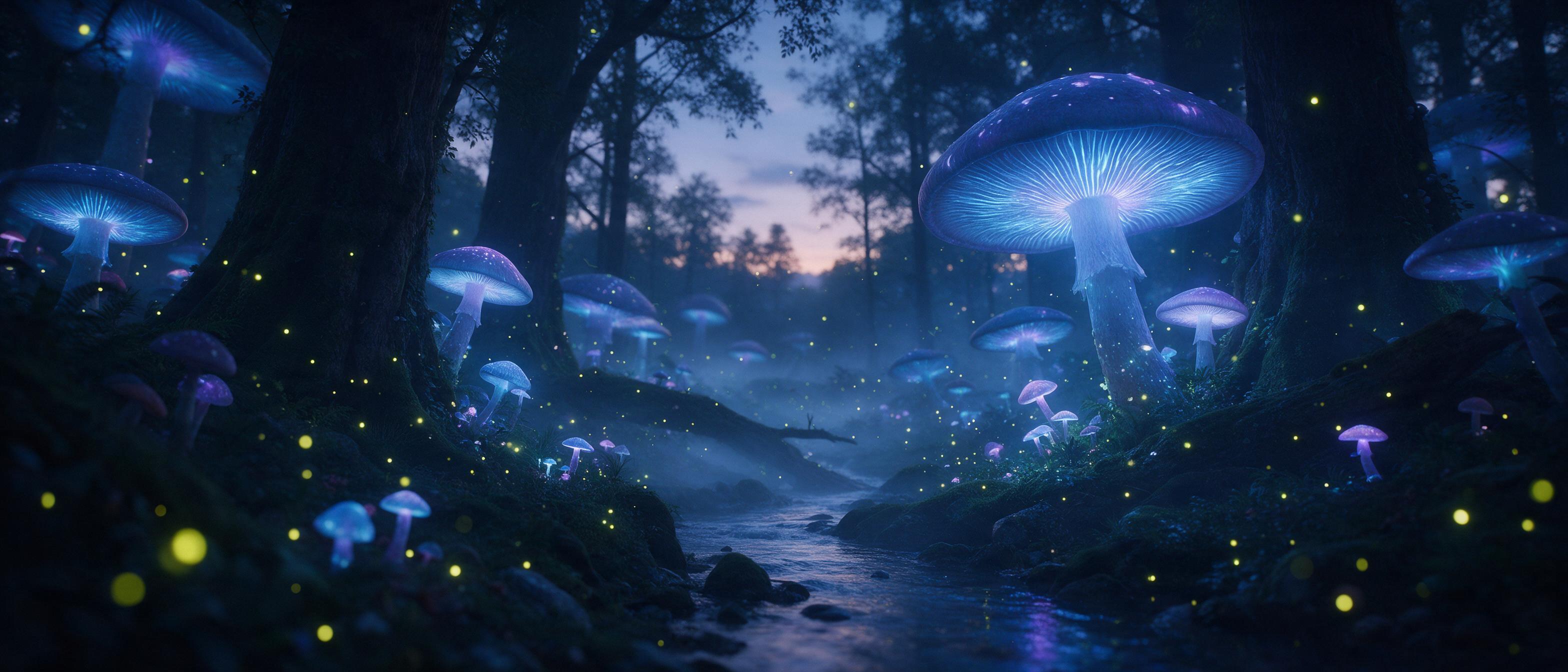 A bioluminescent forest at twilight, giant glowing mushrooms casting soft blue and purple light, a misty stream weaving through ancient trees, fireflies sparkling in the air, ethereal atmosphere with a faint magical glow, cinematic composition, shallow depth of field.