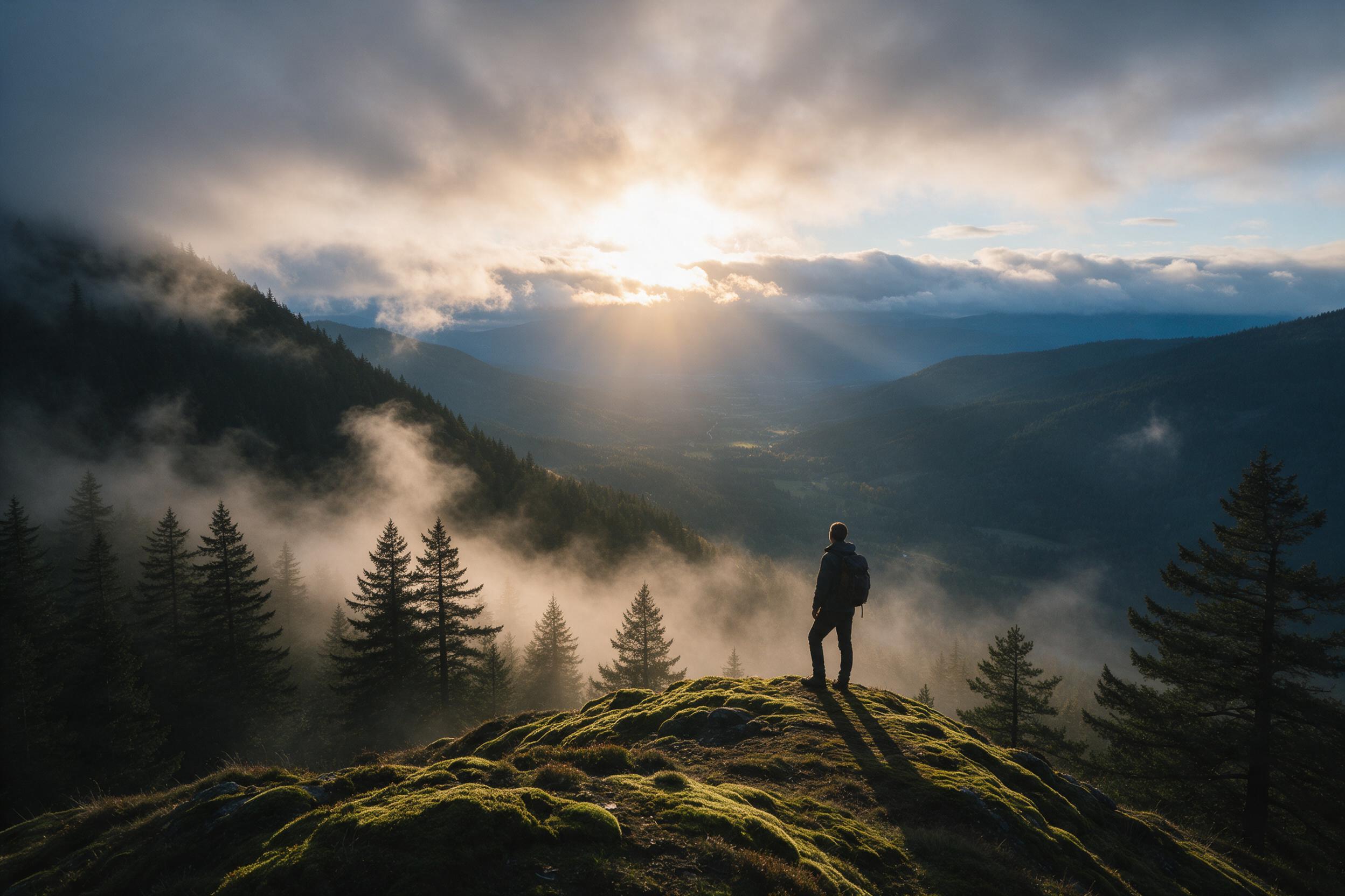 A lone hiker on a mossy ridge watches the sun break through low clouds above a vast valley, warm golden light casting long shadows, mist curling between dark pines, crisp air and soft haze, composition with the hiker off-center and the valley stretching into blue distance.