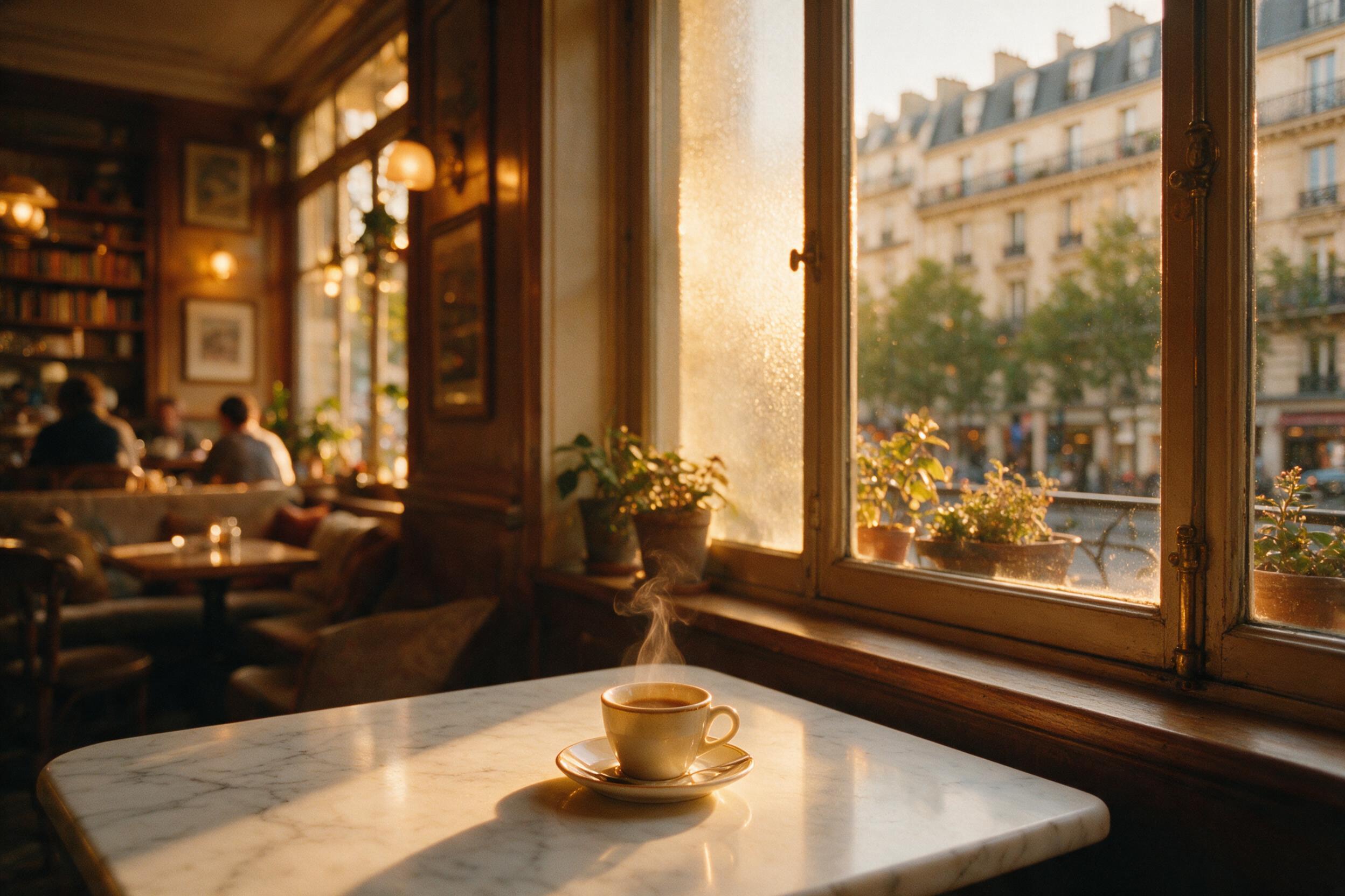 Cozy corner of a Parisian cafe at golden hour, warm amber light pouring through frosted glass, a single espresso cup on marble table, steam rising, soft bokeh in background, slight film grain, natural lighting, 35mm lens.