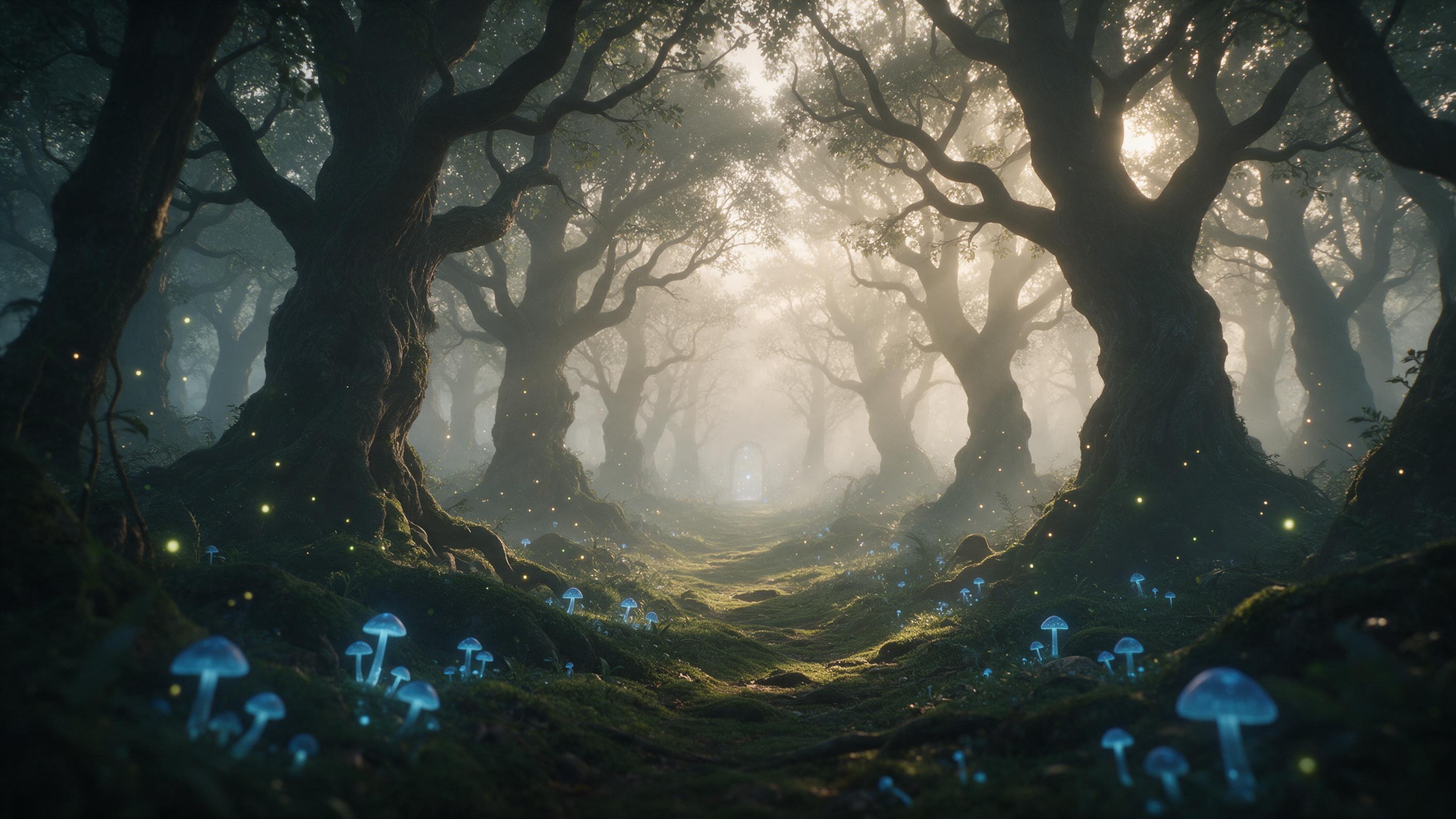 A misty enchanted forest at dawn, ancient gnarled trees with luminescent blue mushrooms, soft golden light filtering through canopy, a winding mossy path leading to a faint glowing portal, fireflies drifting, ethereal atmosphere, shallow depth of field, natural lighting with gentle fog