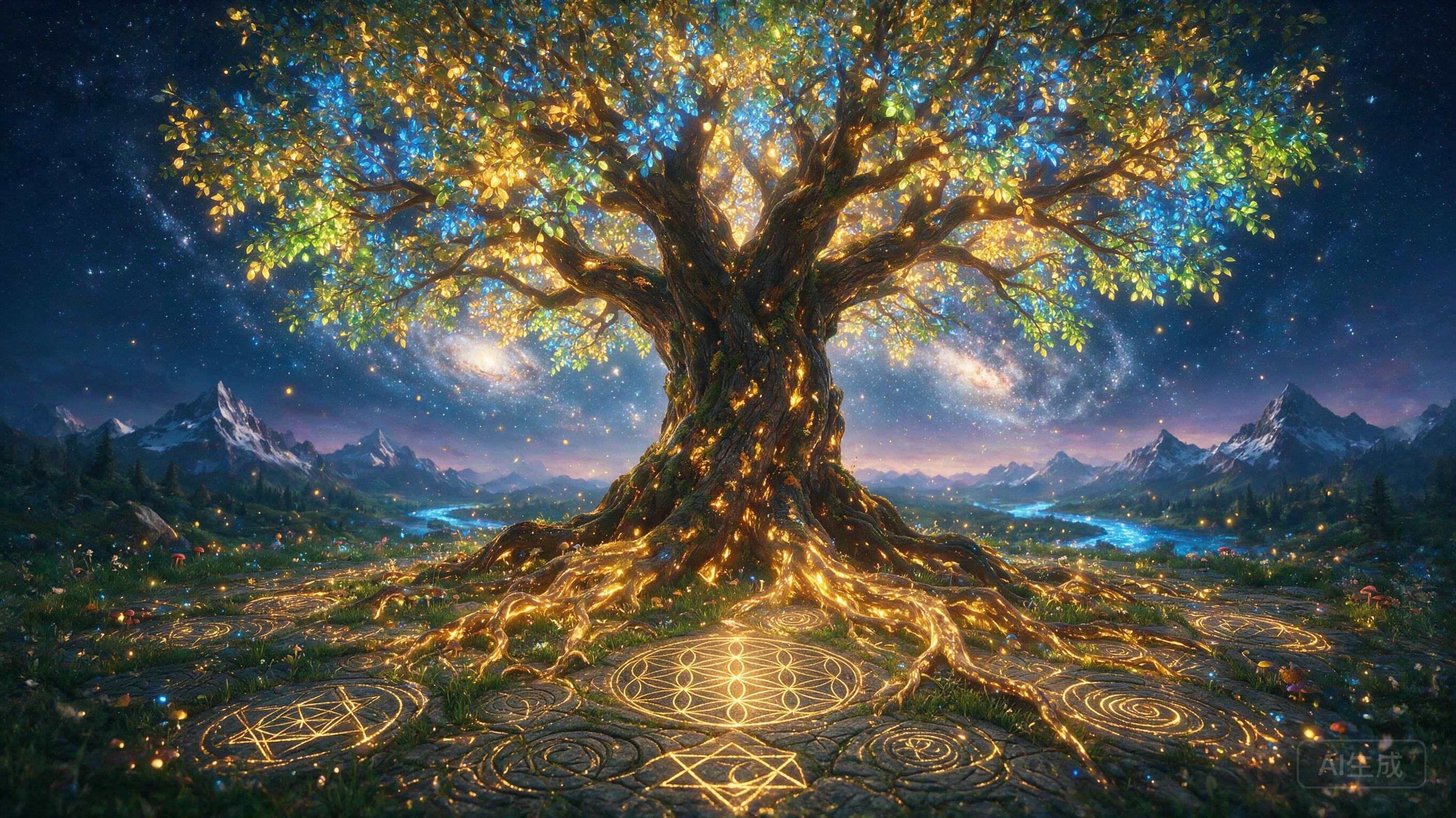 Ancient tree of life with glowing roots extending into geometric patterns, bioluminescent leaves, magical realism