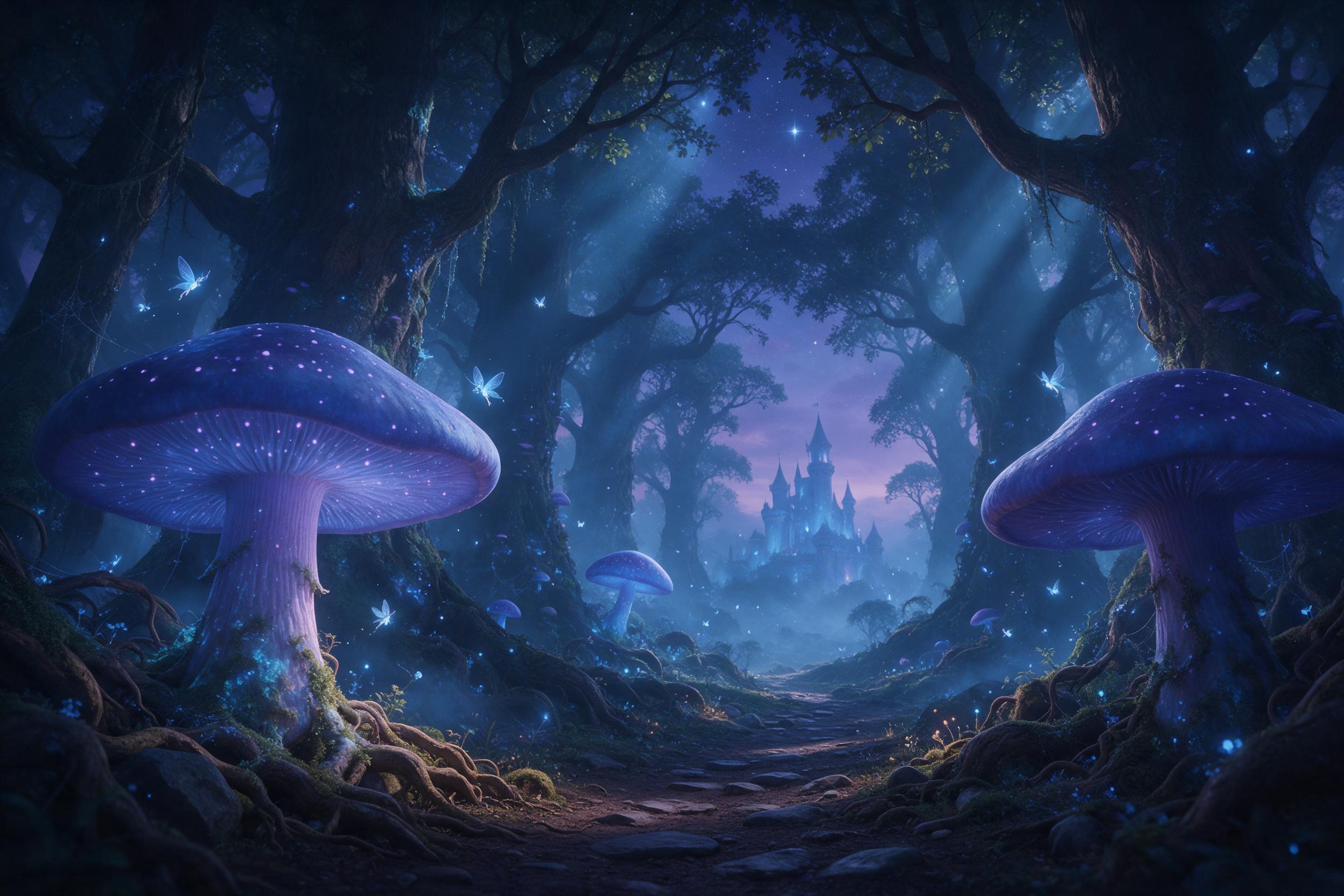 A misty ancient forest at twilight, colossal bioluminescent mushrooms casting soft blue-violet glow, tiny glowing fairies flitting between mossy roots, a winding path leading to a distant star-lit castle, volumetric light rays piercing the canopy, ethereal atmosphere