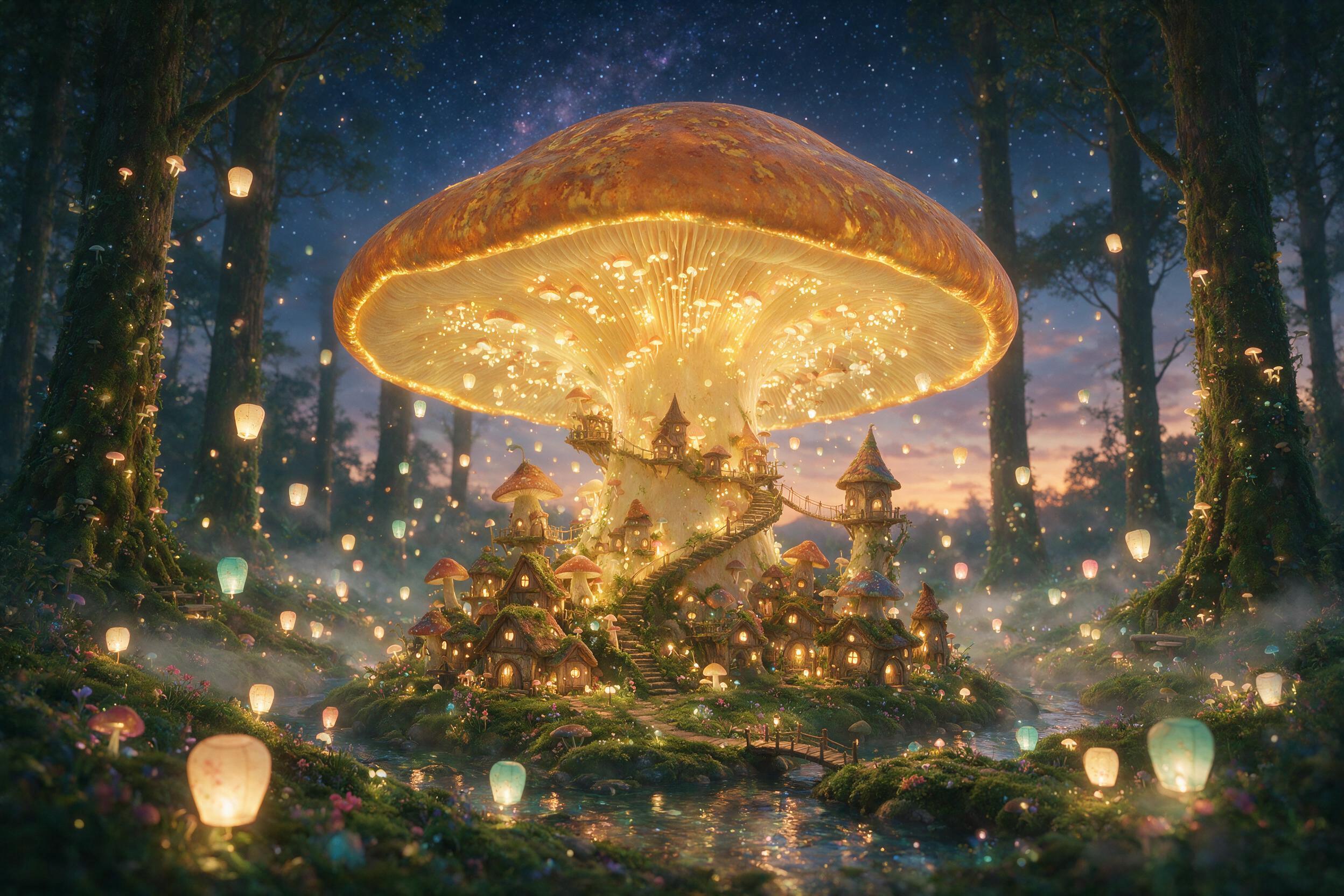 A luminous fairy village nestled in the hollow of a giant glowing mushroom, tiny lanterns drifting upward, soft mist rolling over mossy ground, twilight sky with scattered stars, depth of field focusing on the central mushroom, gentle ambient light, slightly blurred edges for ethereal feel.