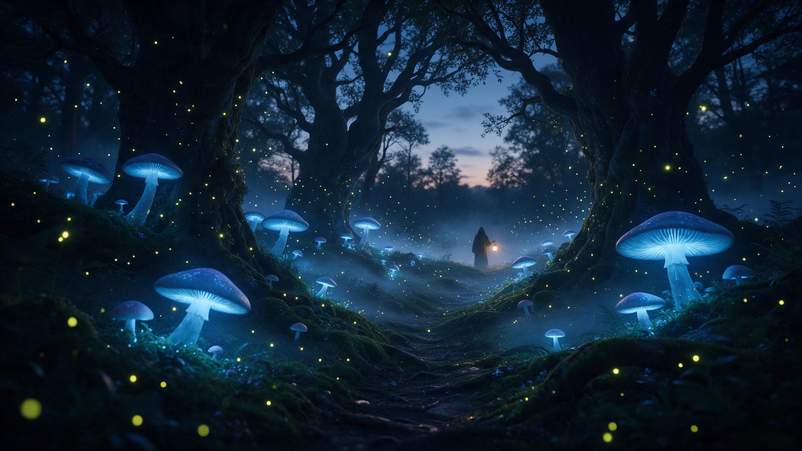 A bioluminescent forest at dusk, giant glowing mushrooms casting soft blue light on winding mossy paths, fireflies swirling around ancient gnarled trees, ethereal mist hugging the ground, a lone hooded figure with a lantern in the distance, cinematic composition, moody atmospheric depth