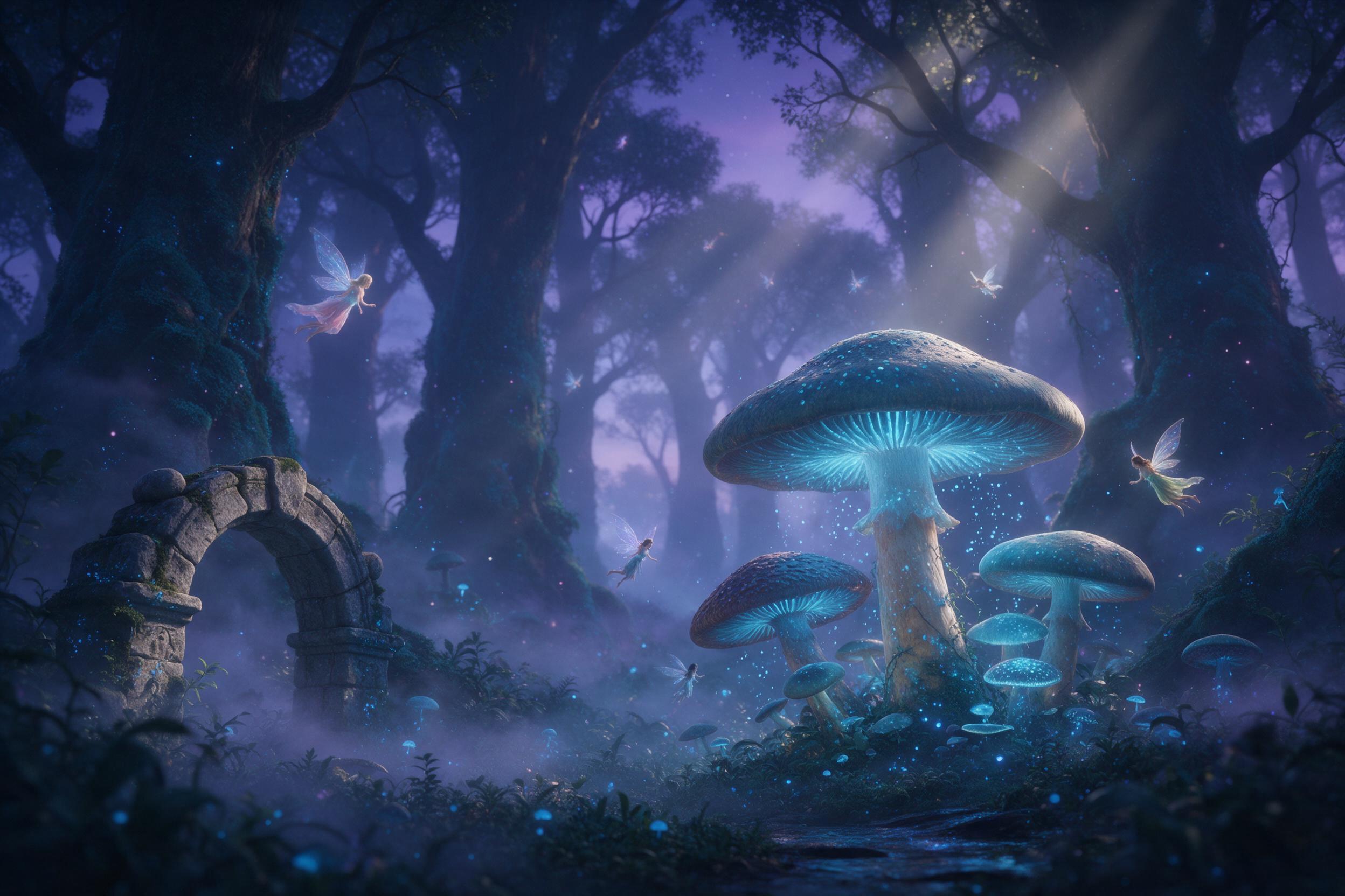 A misty forest at twilight, giant glowing mushrooms with bioluminescent blue spores, tiny winged faeries flitting between ancient mossy trees, ethereal light beams piercing the canopy, soft fog swirling around roots, magical atmosphere with a subtle teal and violet color palette