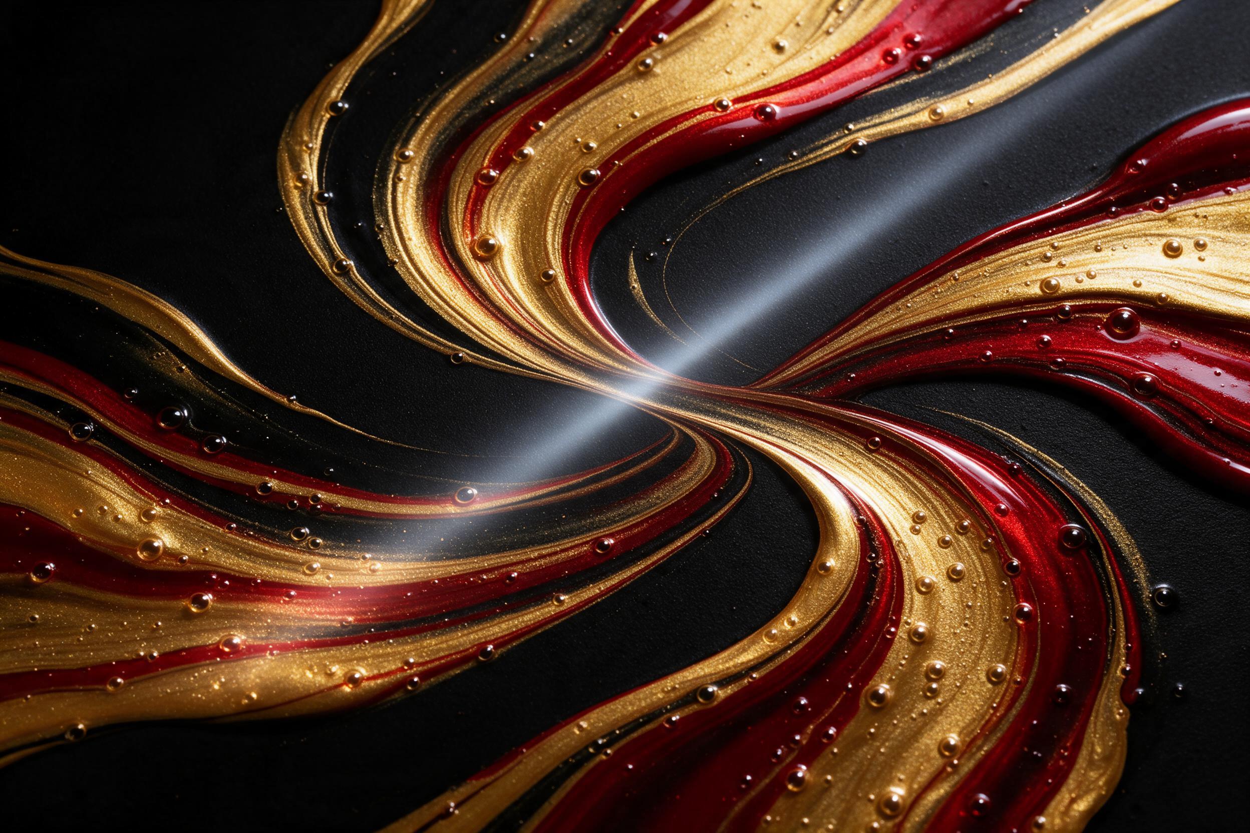 Sweeping ribbons of liquid gold and deep crimson intertwine on a matte black canvas, captured with a macro lens to reveal delicate ripples and micro-bubbles within the viscous paint; a single sharp beam of white light cuts diagonally across the center, creating dramatic shadows and a glossy specular