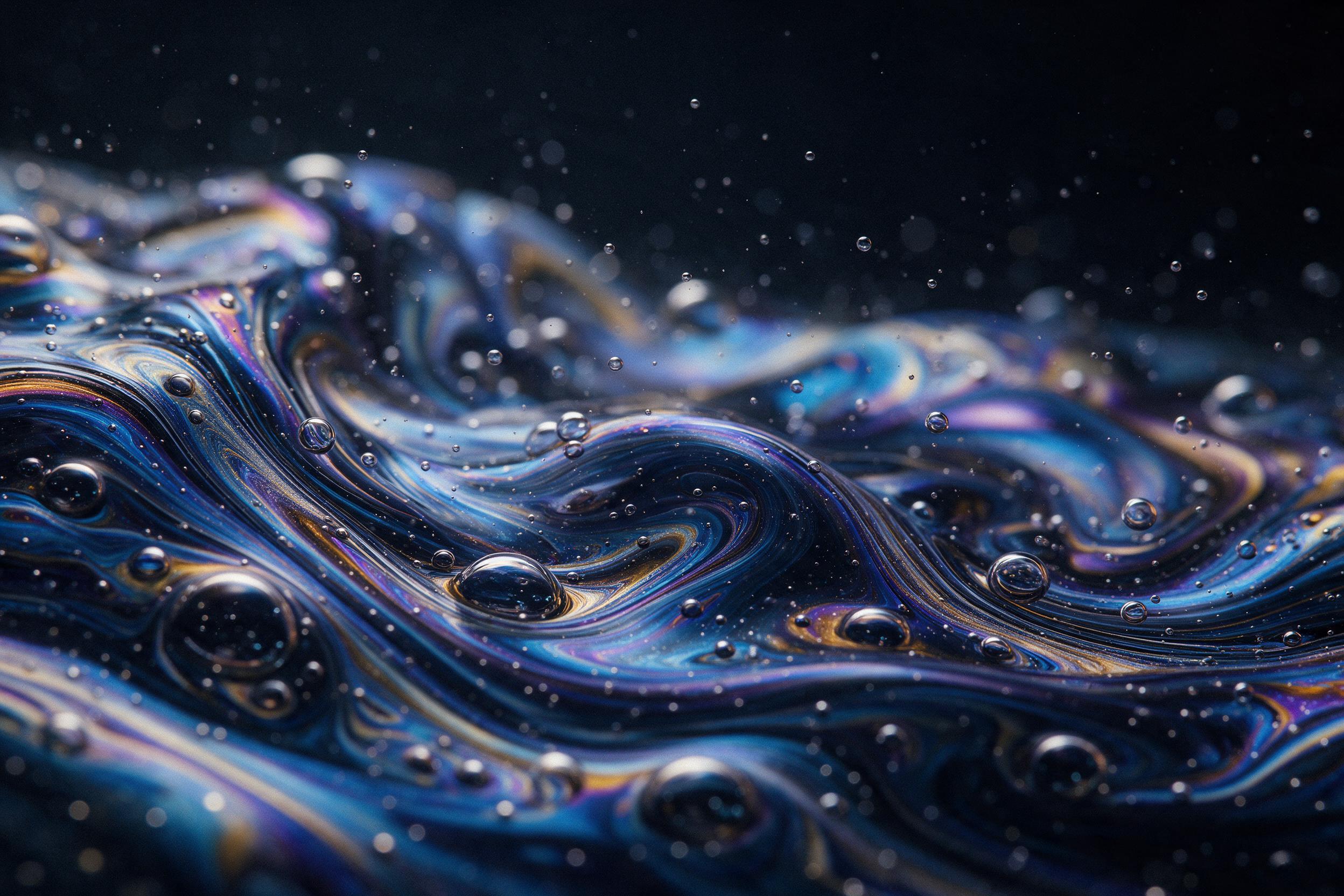 Close-up of molten glass-like fluid art, swirling iridescent blue, violet and gold curves with tiny air bubbles frozen mid-flow, dark black background, dramatic side lighting casting sharp highlights and deep shadows, macro photography, sharp focus on texture and glossy reflections, subtle grain for