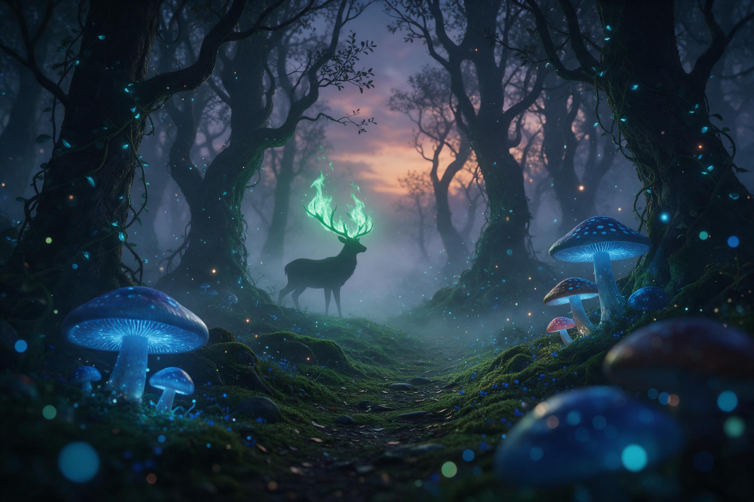 A misty enchanted forest at twilight, giant glowing mushrooms casting soft blue light on a narrow mossy path, ancient twisted trees wrapped in luminescent vines, distant silhouette of a deer with antlers aflame in emerald fire, floating pollen specks like stars, volumetric fog, shallow depth of fiel
