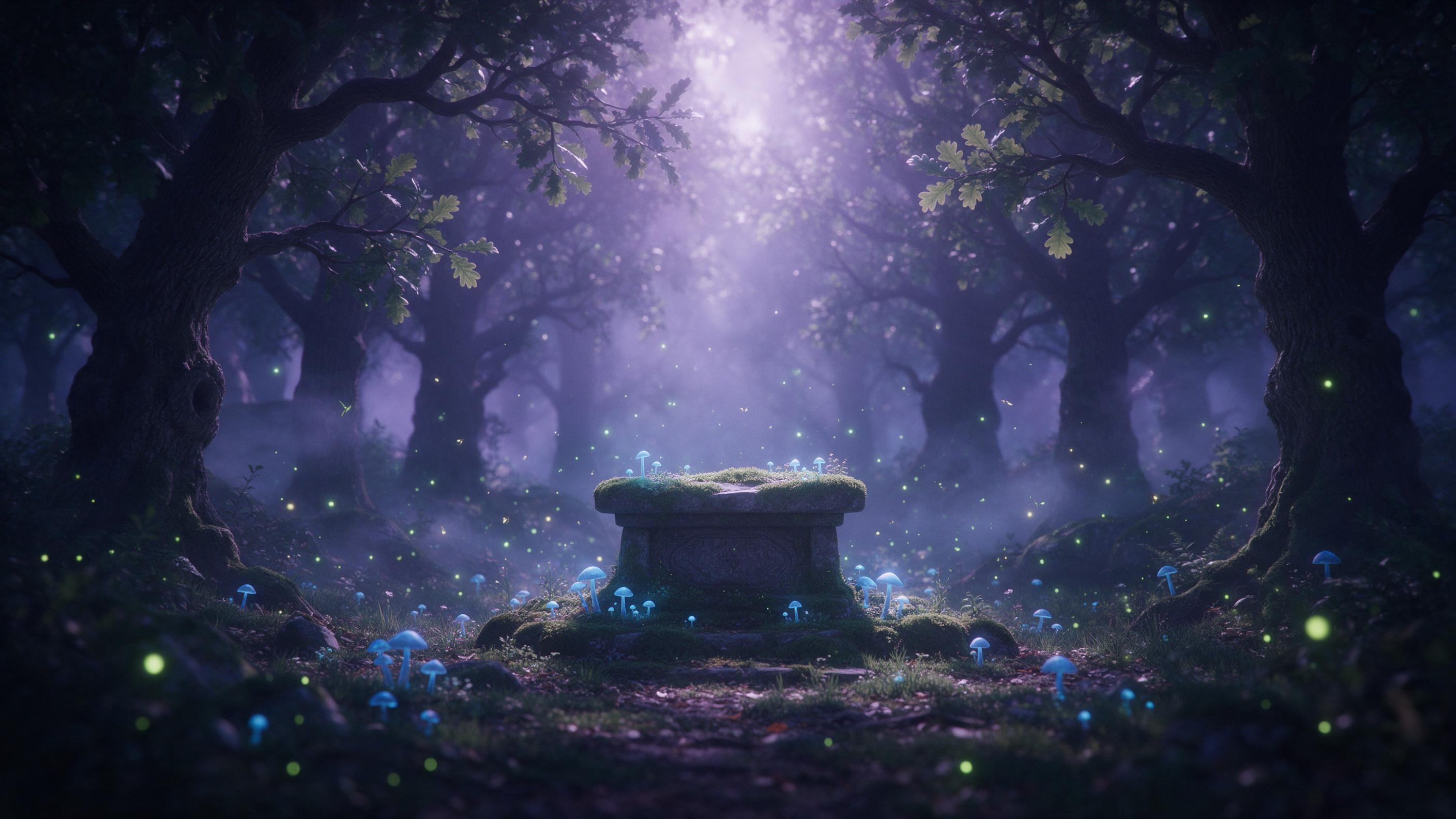 A moonlit ancient forest clearing, glowing blue mushrooms and fireflies, a stone altar overgrown with moss, mist curling between gnarled oak trees, soft volumetric light through canopy, subtle purple and teal palette, dreamy atmosphere, shallow depth of field.