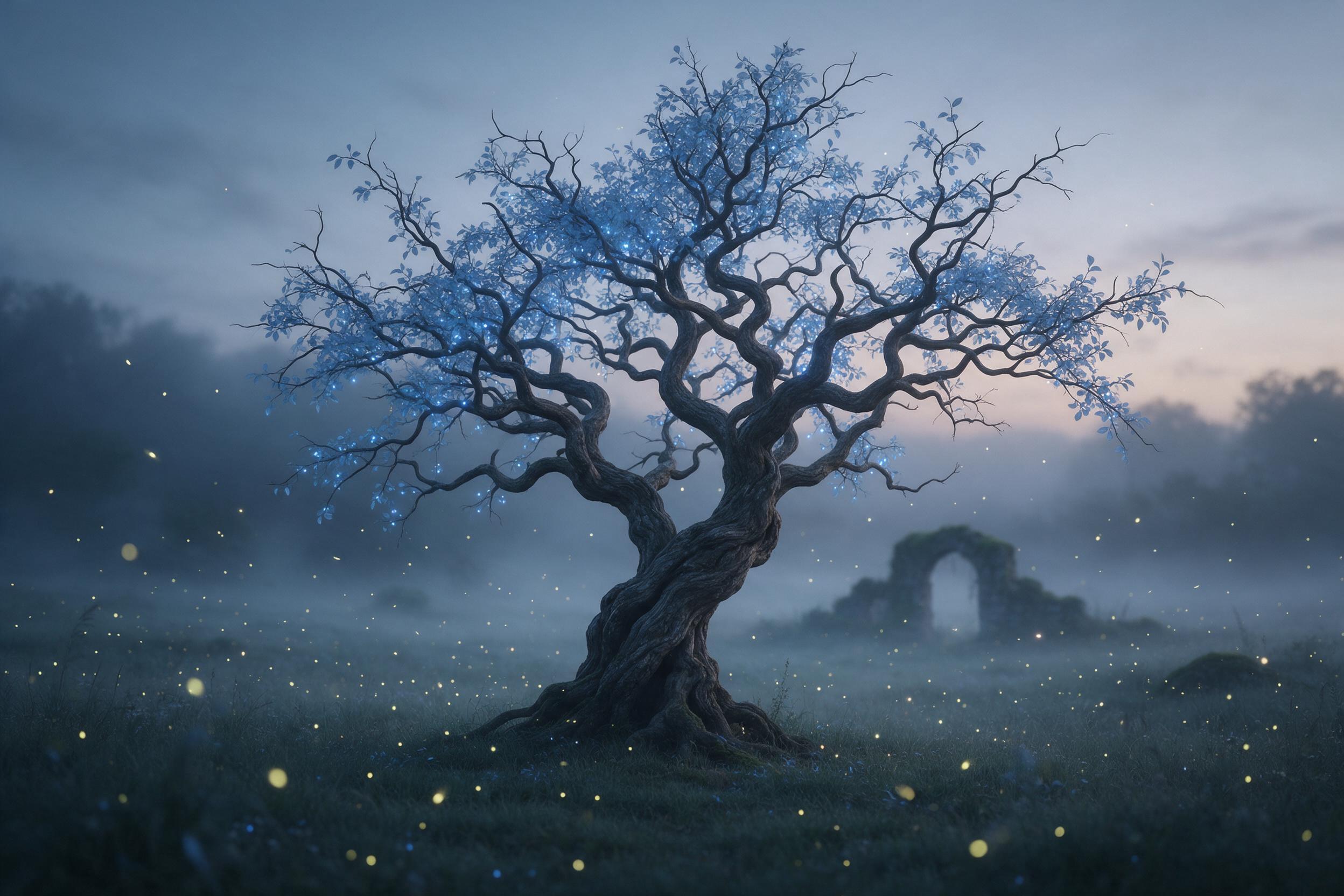 An ancient, gnarled tree stands alone in a misty meadow at twilight, its branches glowing with soft blue bioluminescent leaves. Fireflies drift like drifting embers through the air. In the distance, a ruined stone archway half-swallowed by moss hints at a forgotten realm. The color palette shifts fr