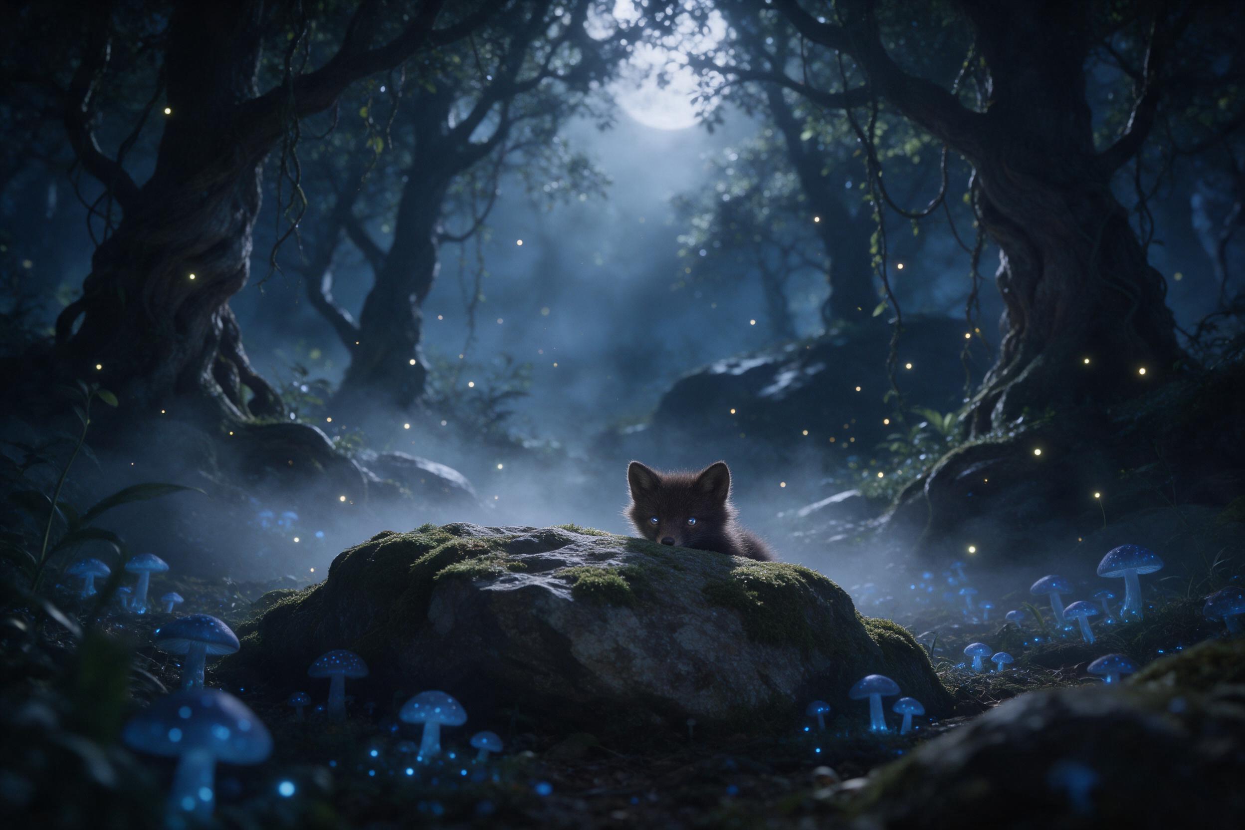 A moonlit enchanted forest clearing, glowing blue mushrooms and fireflies, ancient gnarled trees with hanging vines, a tiny fox with luminous eyes peering from behind a mossy rock, soft mist curling through the air, ethereal light, dreamy atmosphere, eye-level composition, intricate details